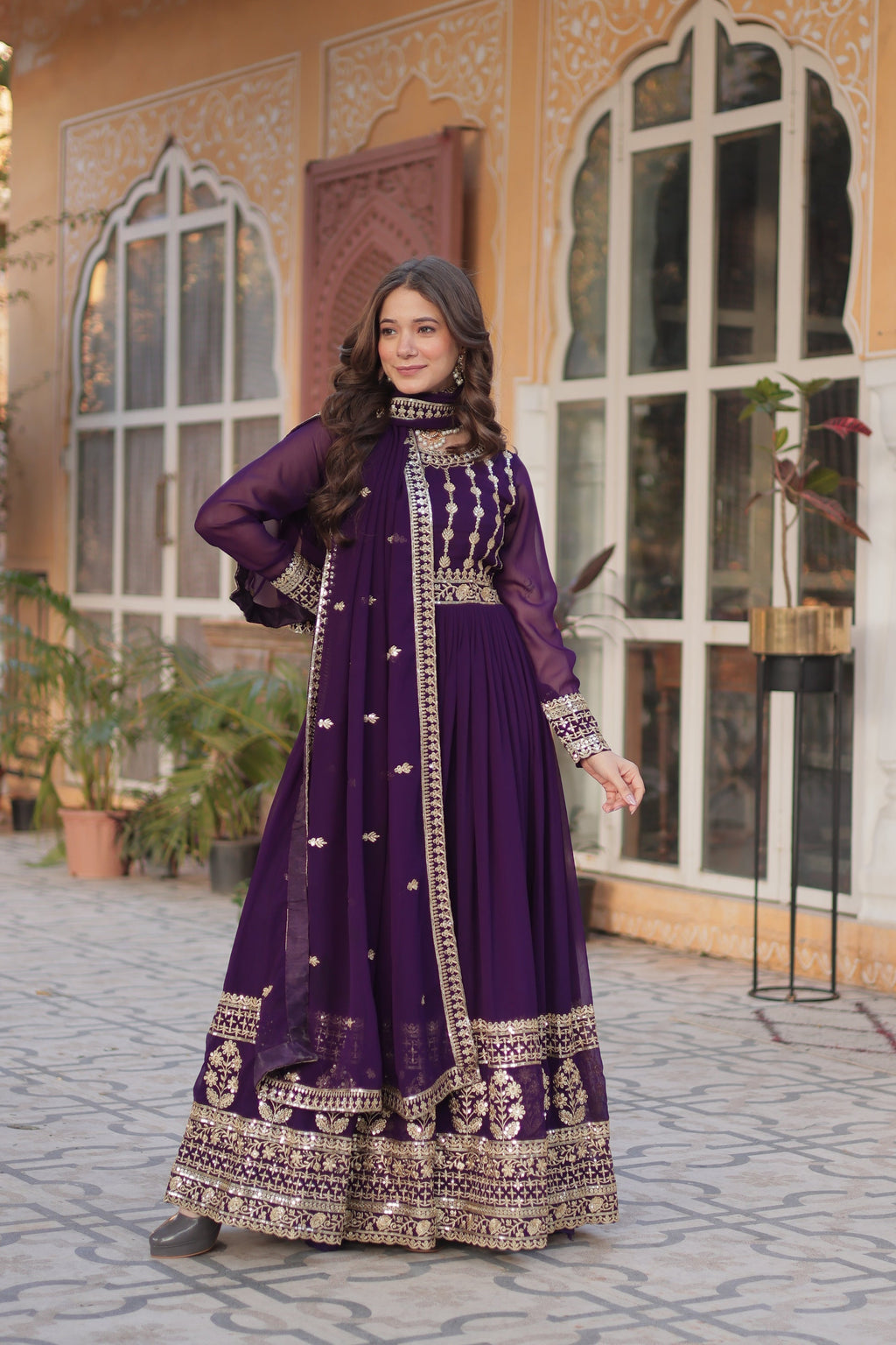 Moumita purple embroidered anarkali gown set