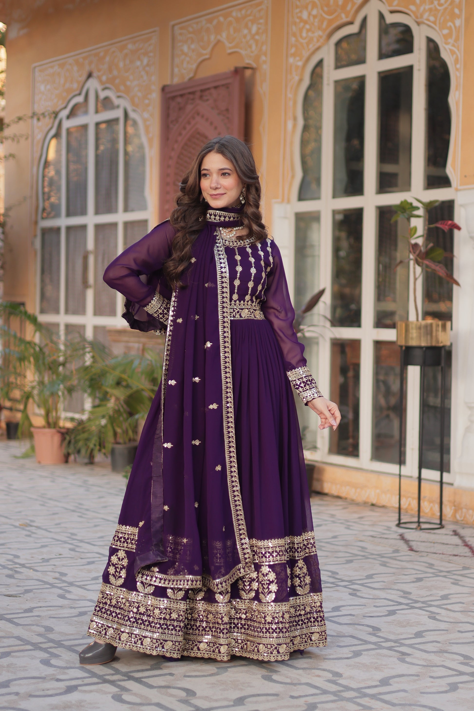 Moumita purple embroidered anarkali gown set