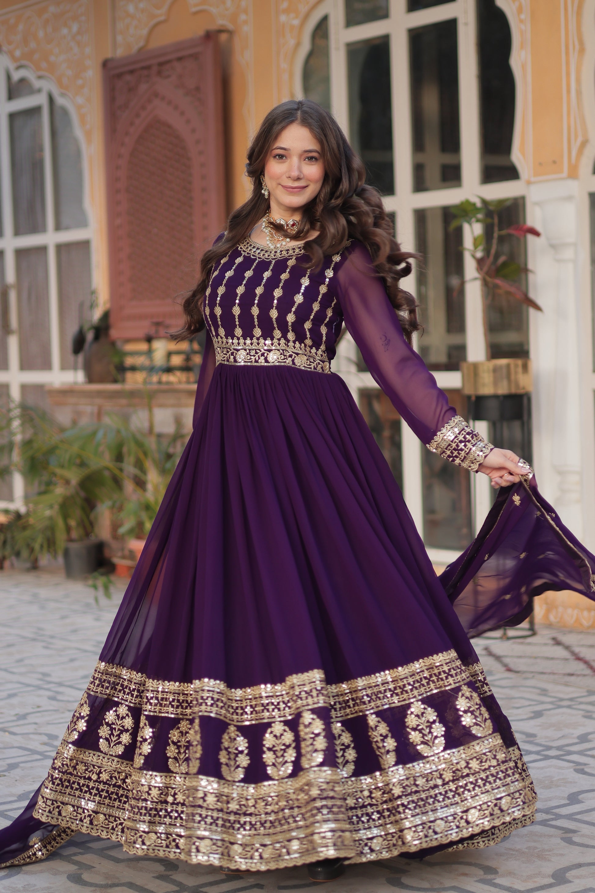 Moumita purple embroidered anarkali gown set