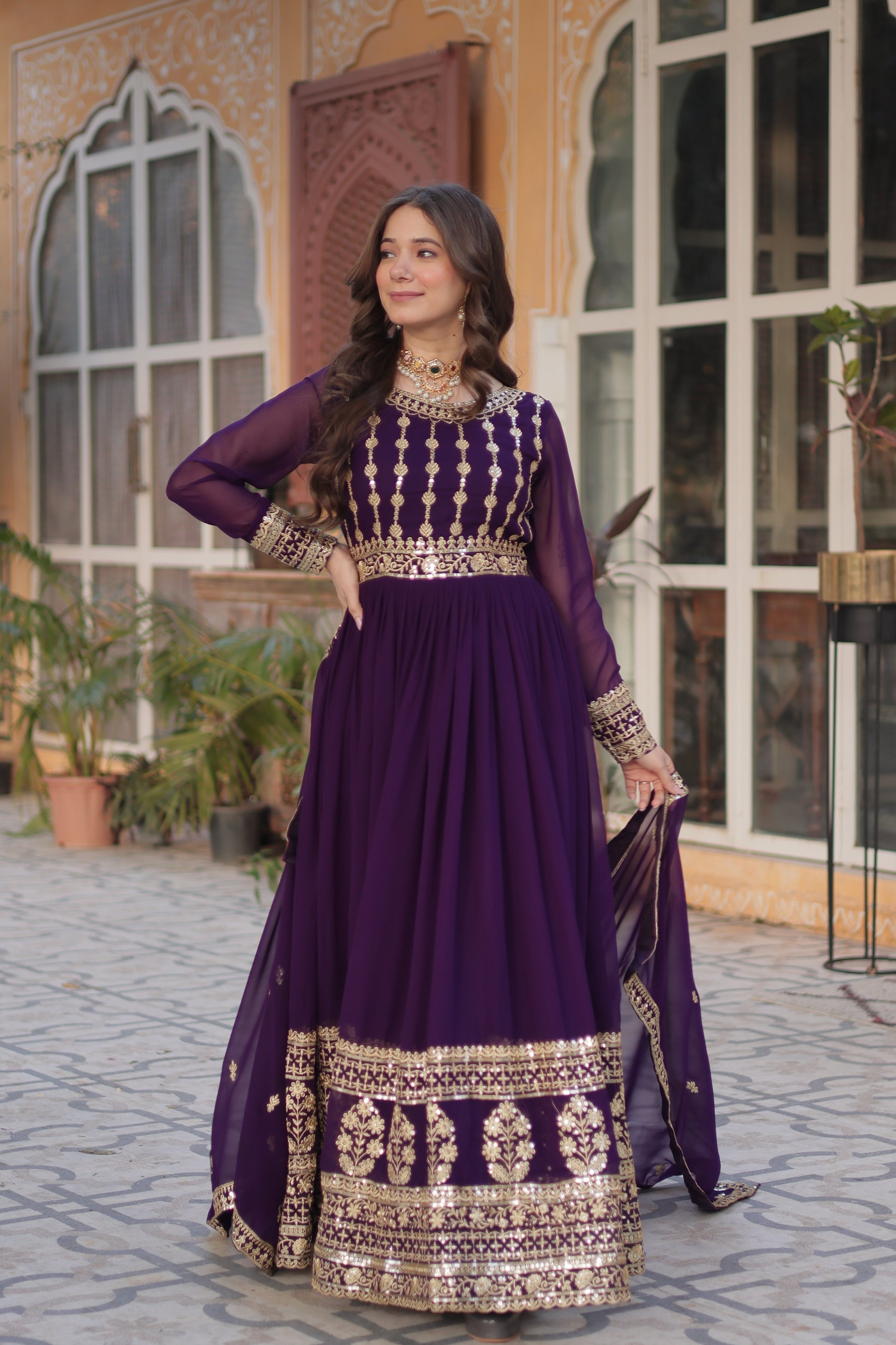 Moumita purple embroidered anarkali gown set