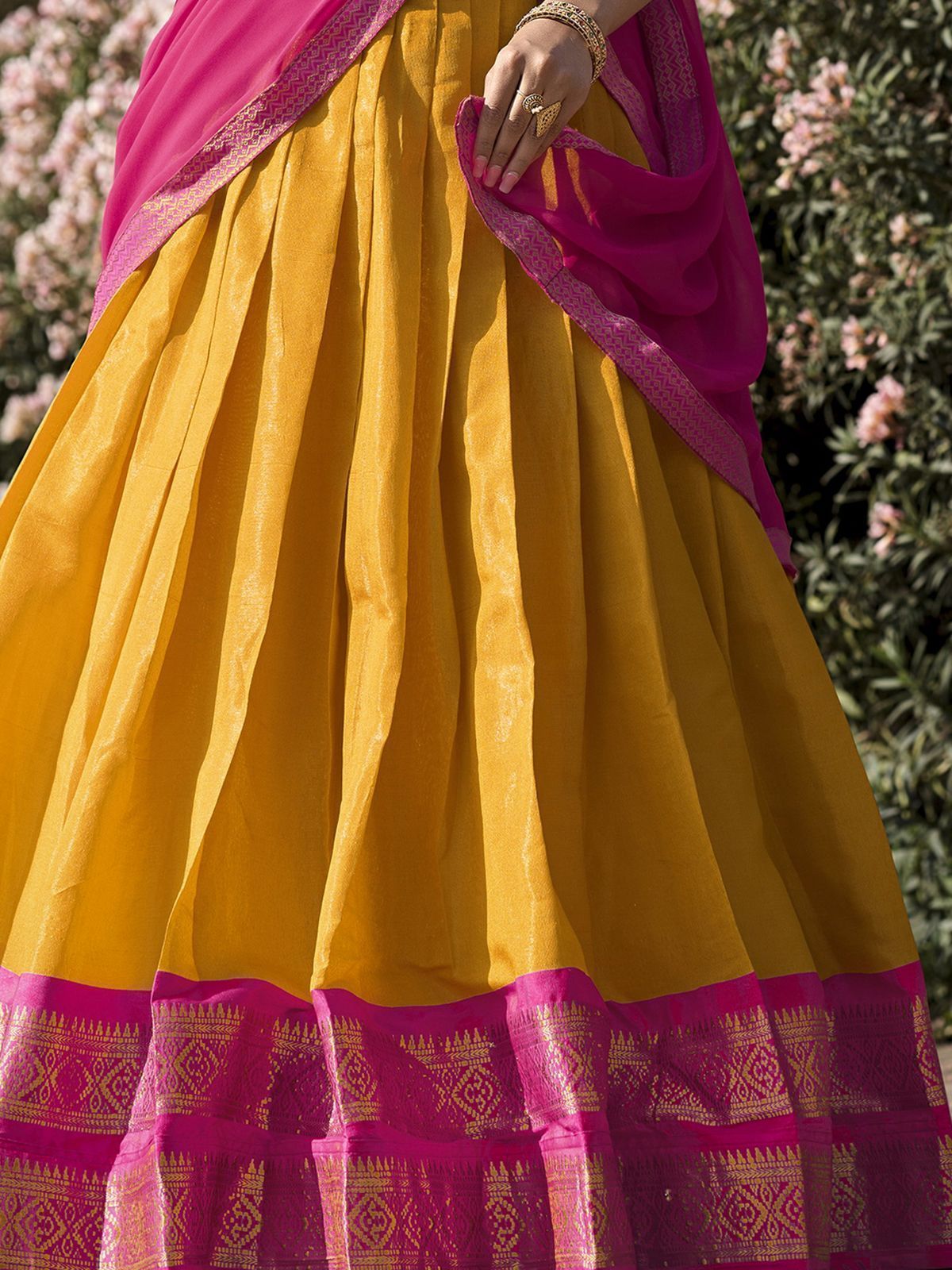 Mustard yellow kanchipuram silk lehenga choli with zari weaving work