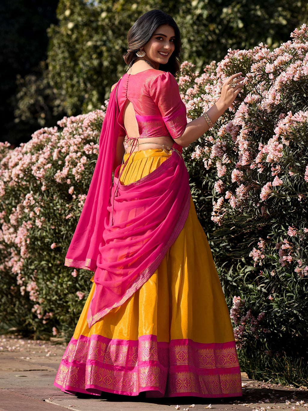 Mustard yellow kanchipuram silk lehenga choli with zari weaving work