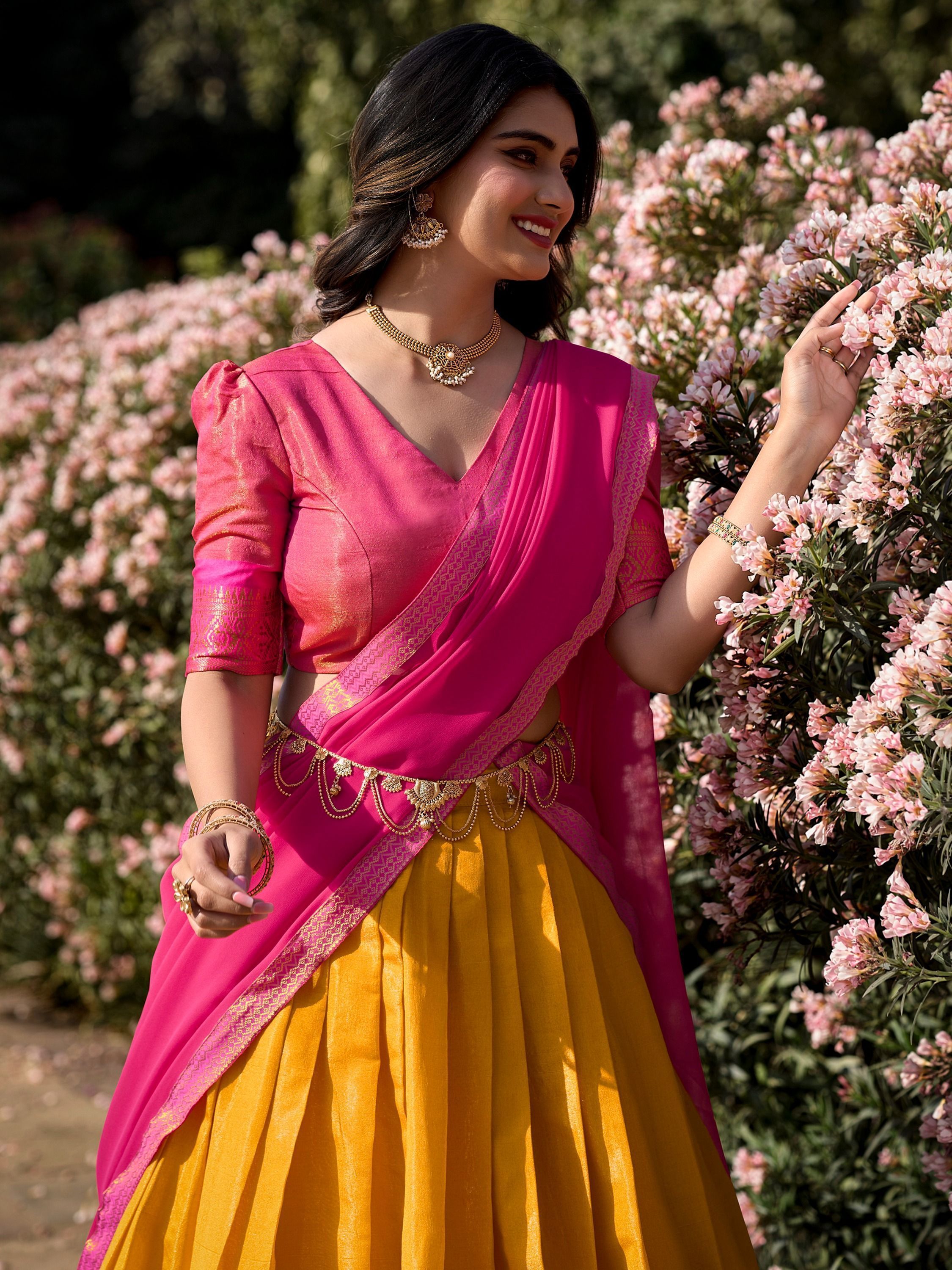 Mustard yellow kanchipuram silk lehenga choli with zari weaving work