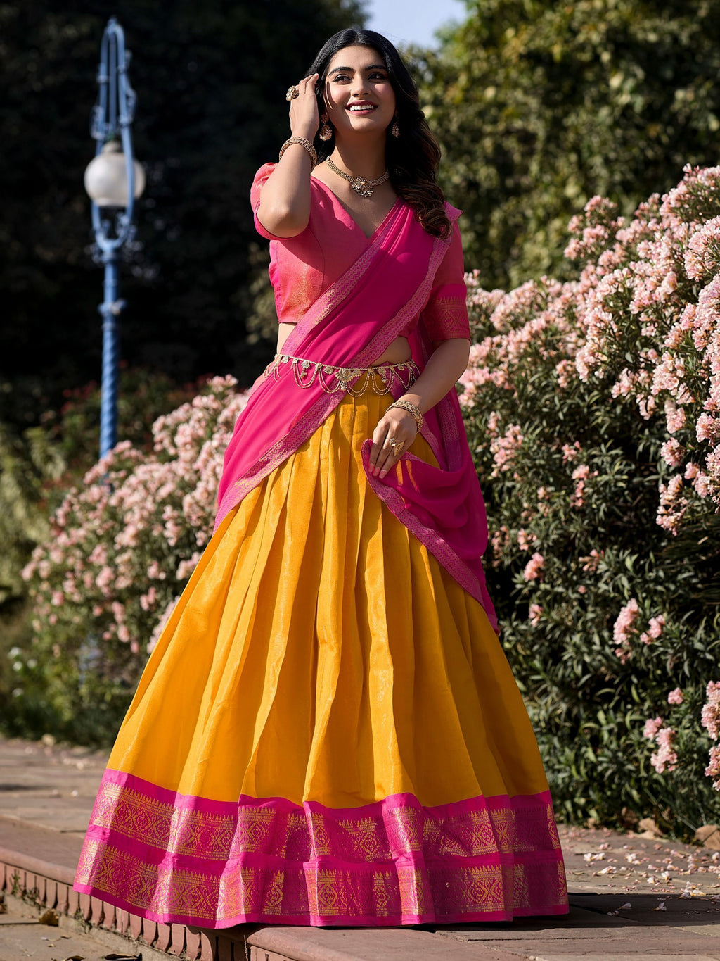 Mustard yellow kanchipuram silk lehenga choli with zari weaving work