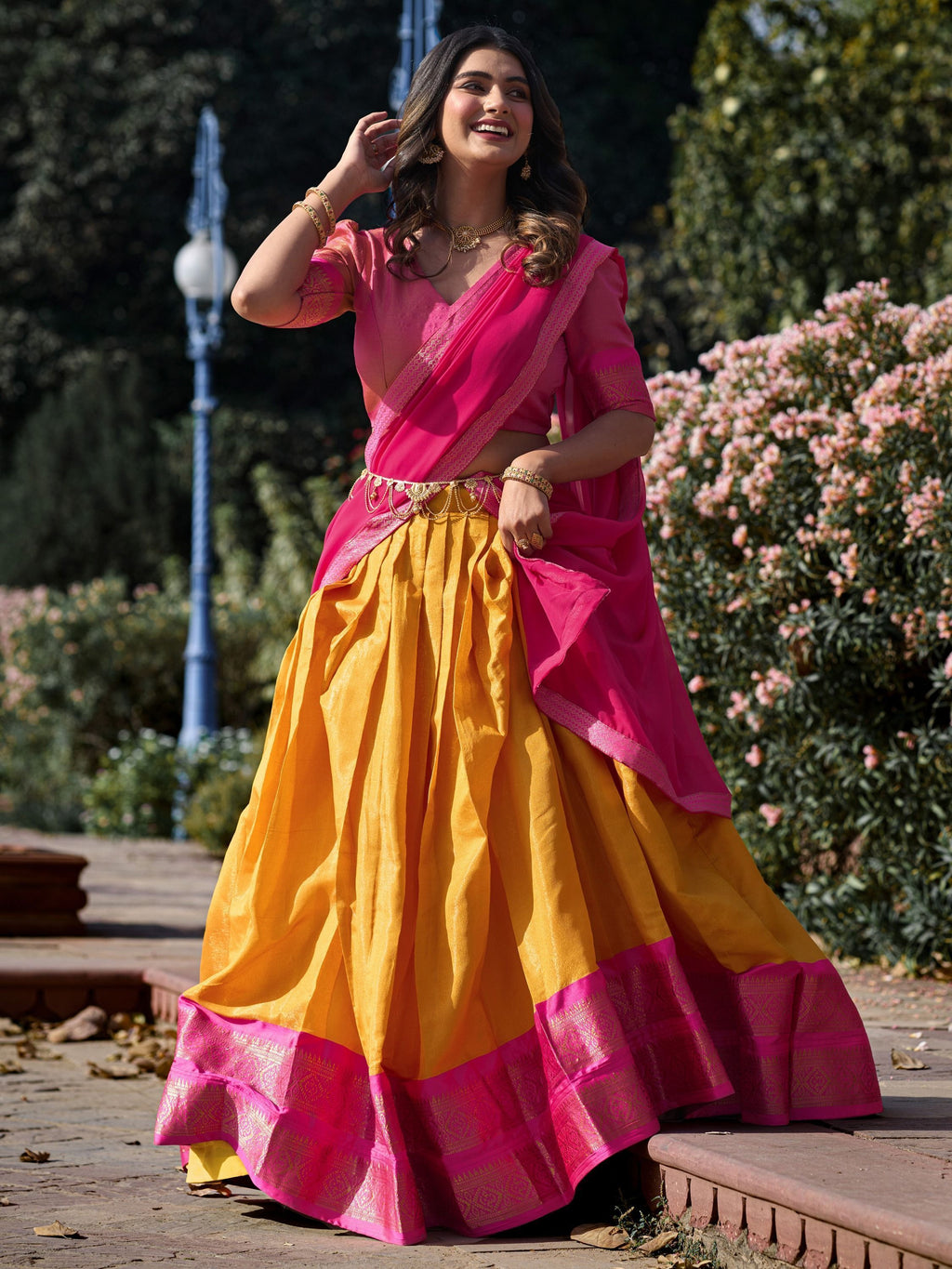 Mustard yellow kanchipuram silk lehenga choli with zari weaving work