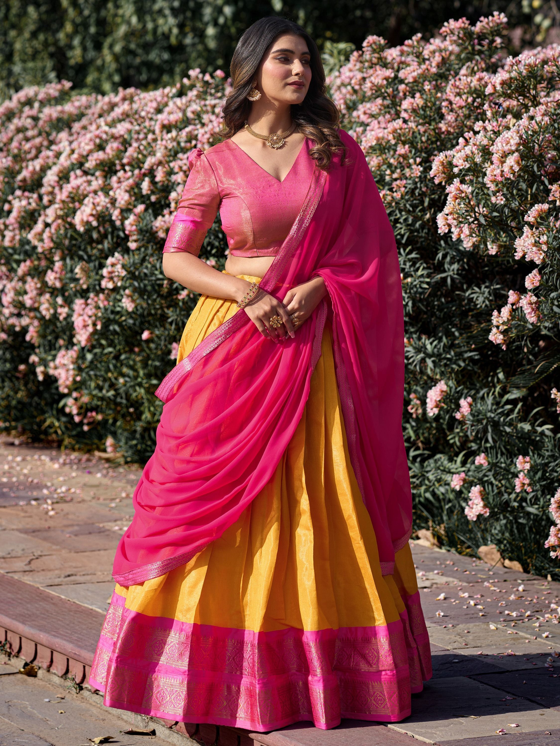 Mustard yellow kanchipuram silk lehenga choli with zari weaving work