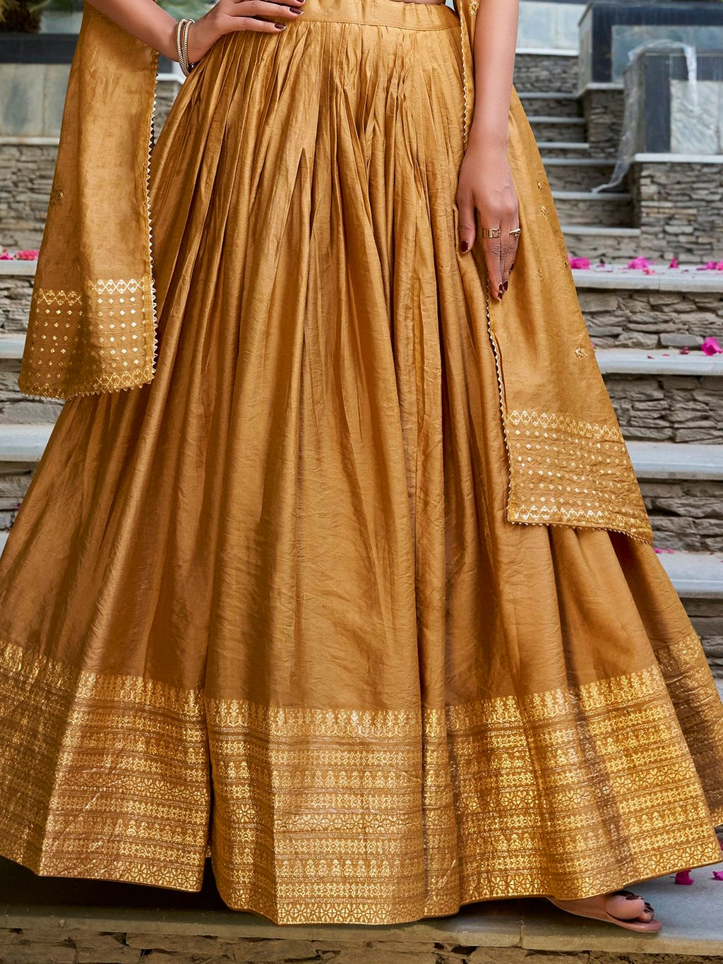 Mustard yellow pure chanderi lehenga choli with plain zari weaving
