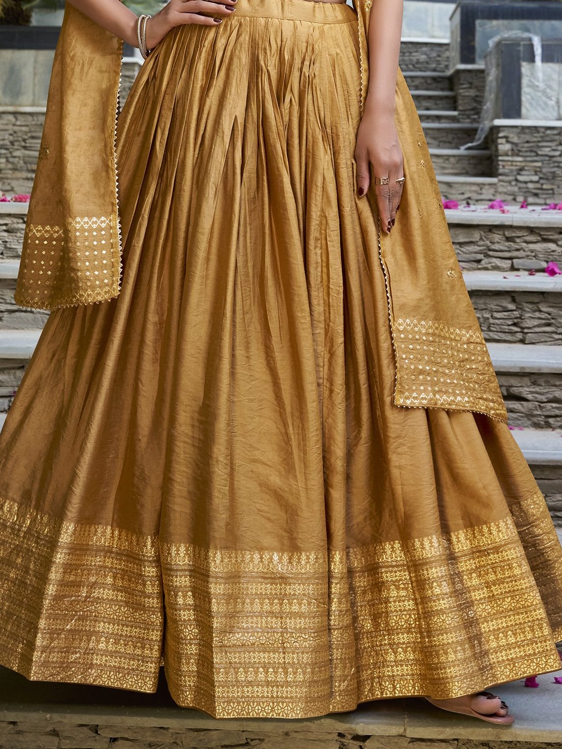 Mustard yellow pure chanderi lehenga choli with plain zari weaving