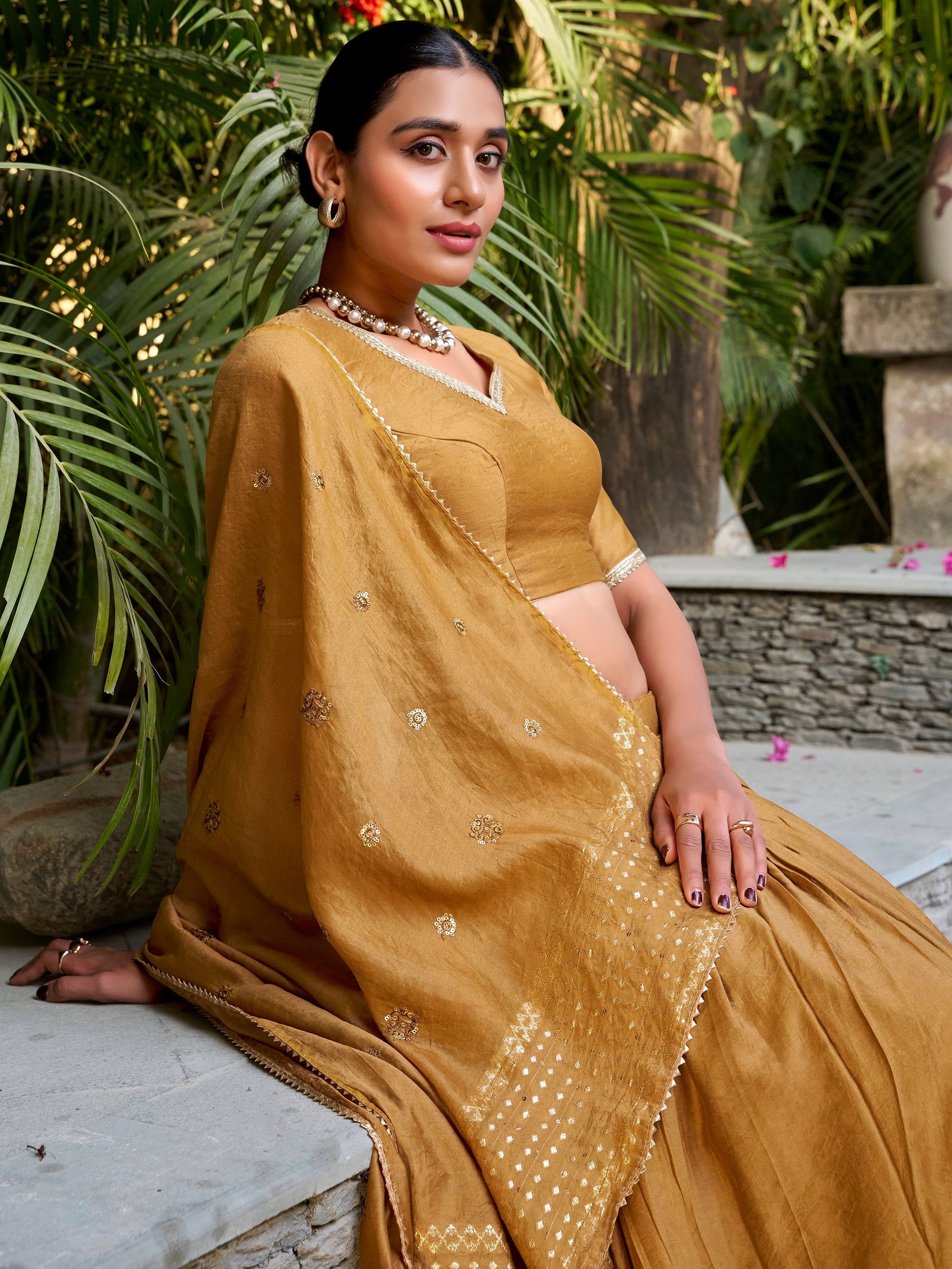 Mustard yellow pure chanderi lehenga choli with plain zari weaving