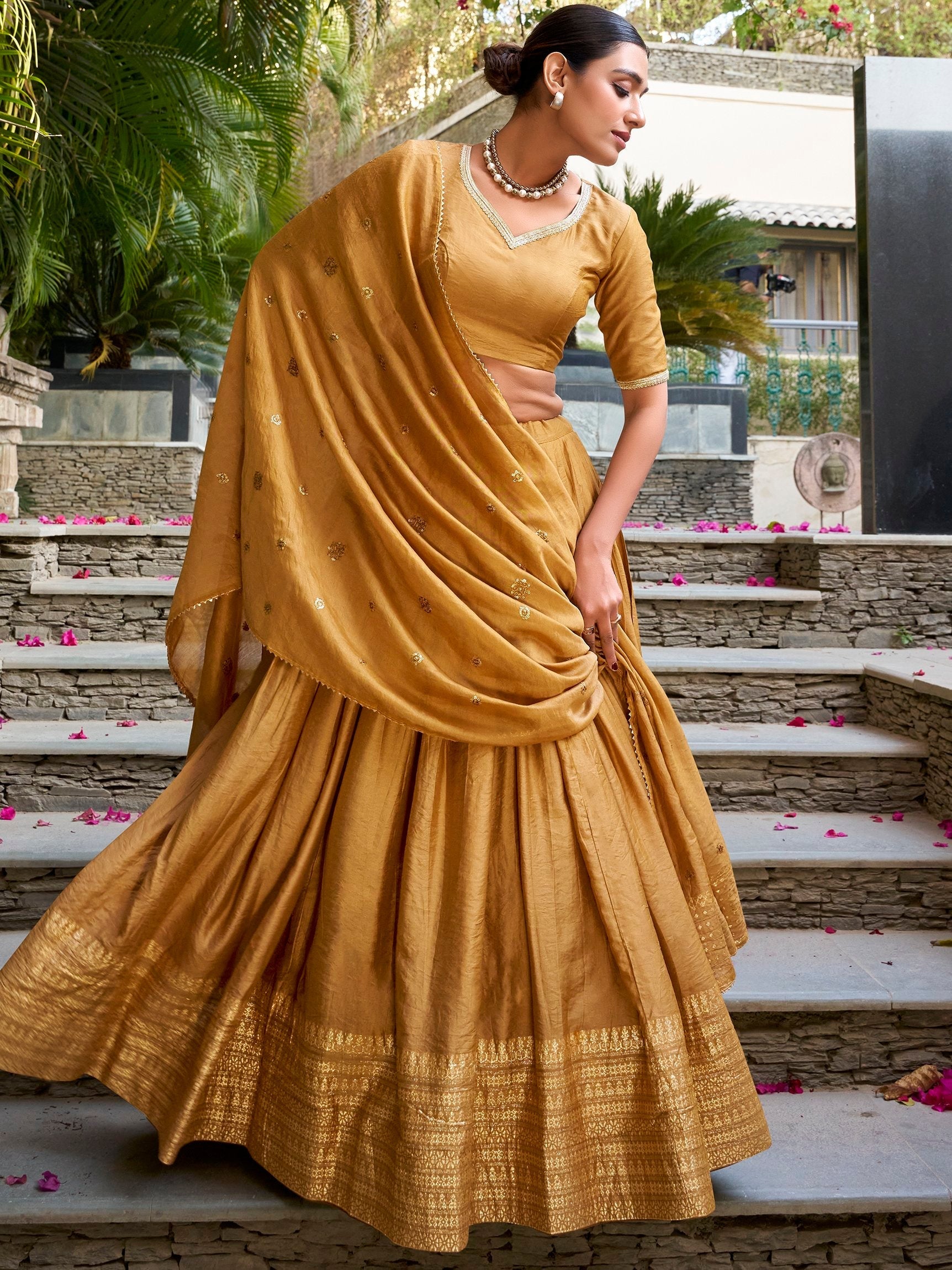 Mustard yellow pure chanderi lehenga choli with plain zari weaving