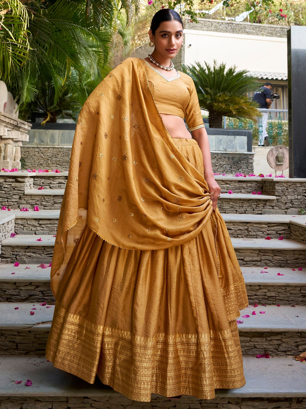 Mustard yellow pure chanderi lehenga choli with plain zari weaving