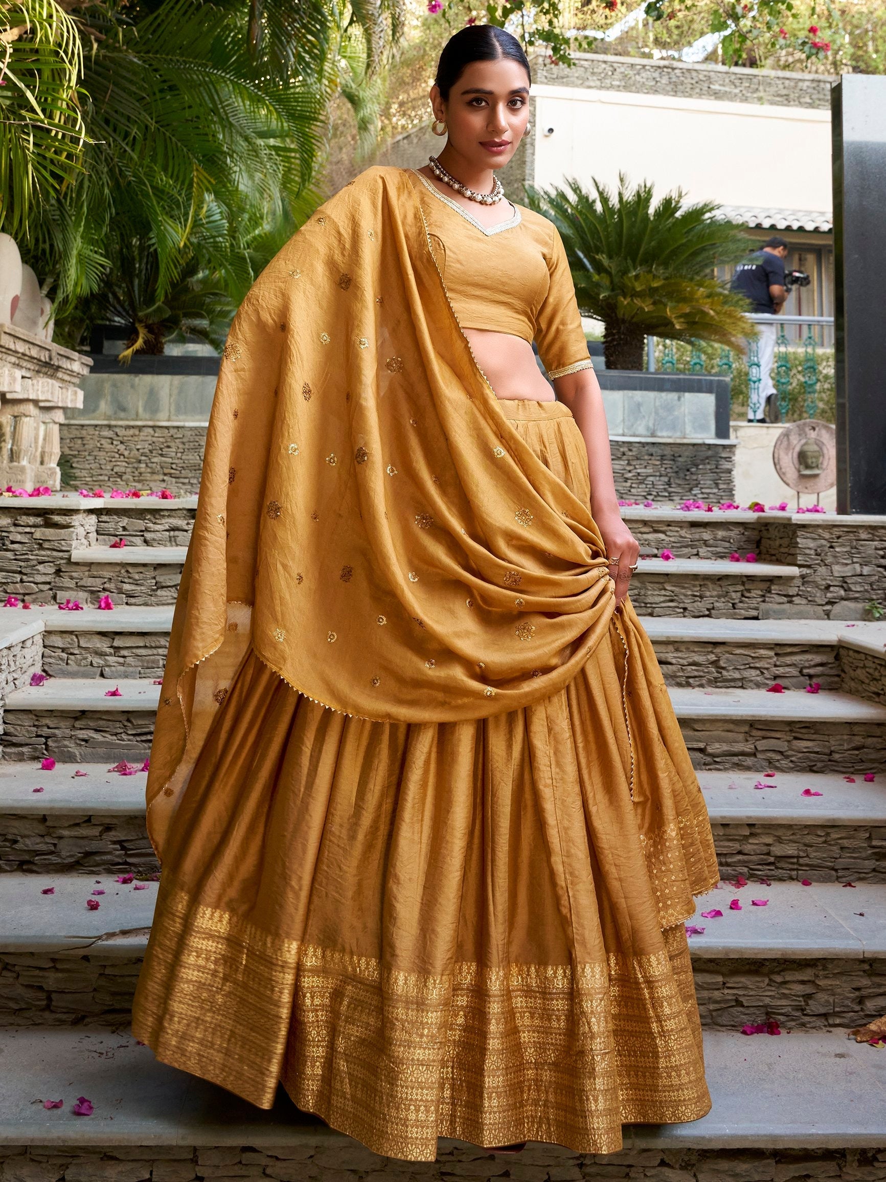 Mustard yellow pure chanderi lehenga choli with plain zari weaving
