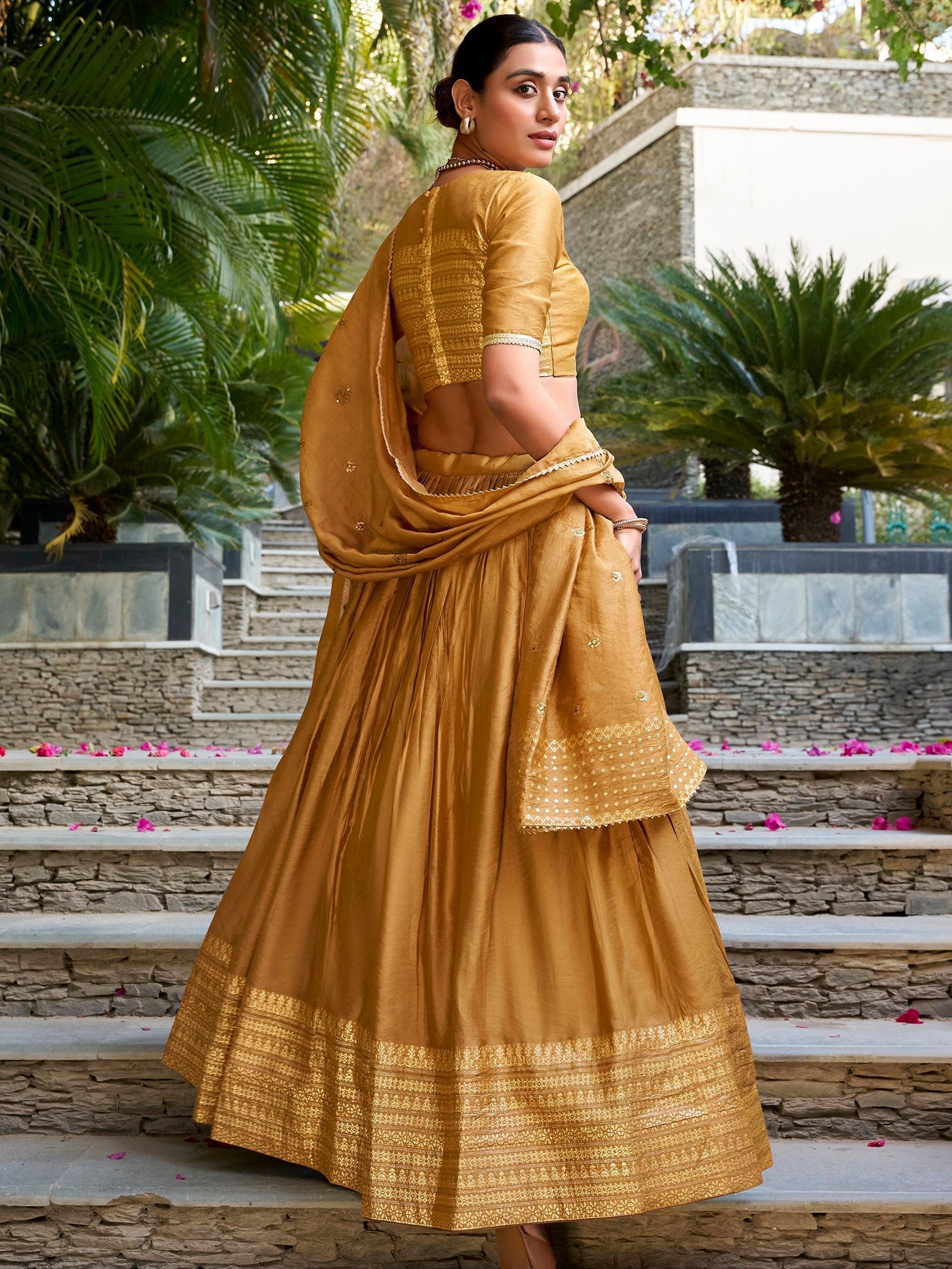 Mustard yellow pure chanderi lehenga choli with plain zari weaving