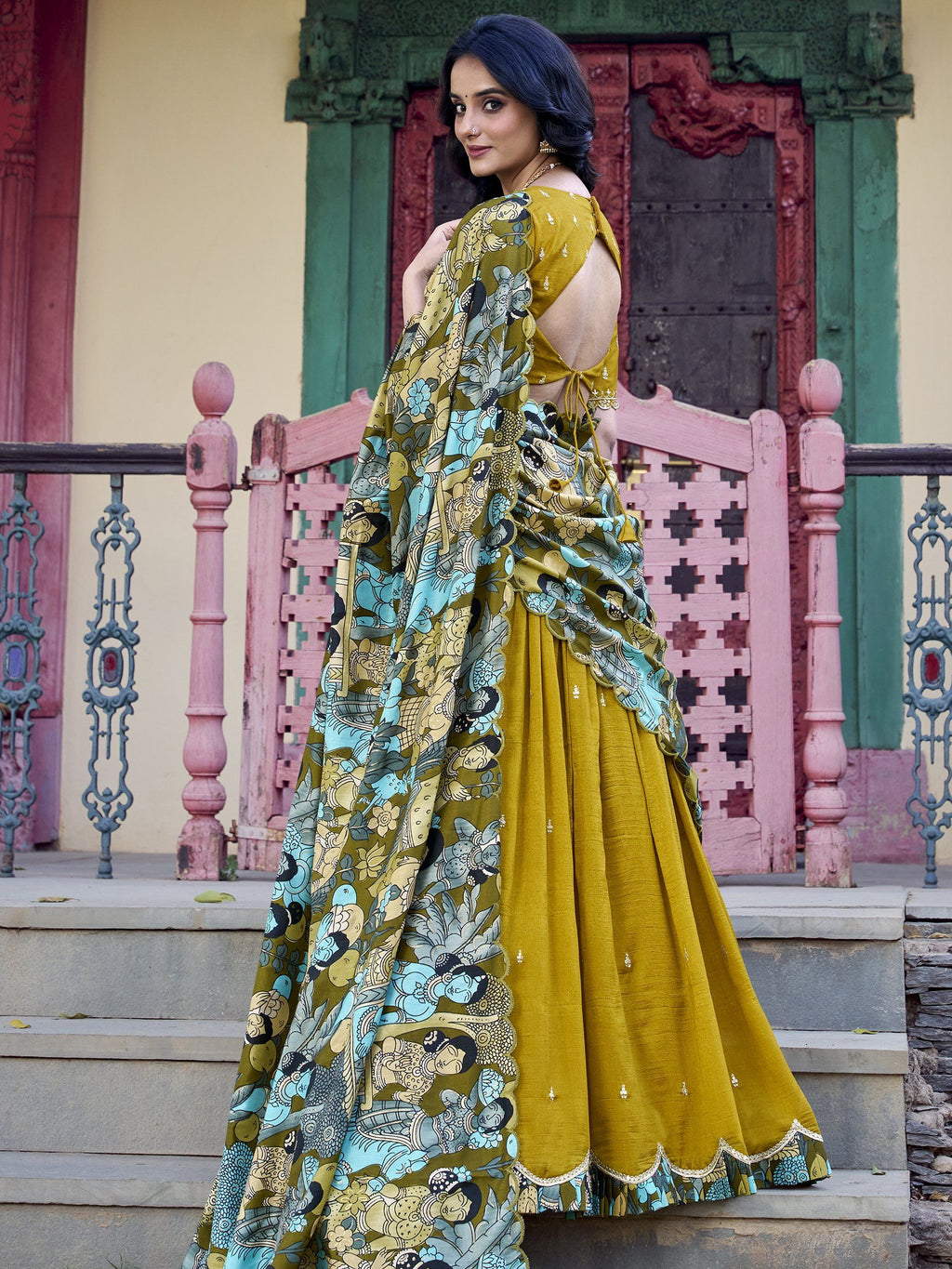 Mustard yellow vichitra silk embroidered lehenga choli