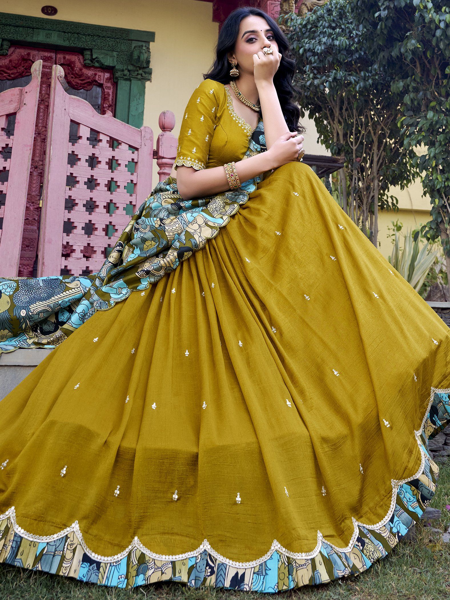 Mustard yellow vichitra silk embroidered lehenga choli