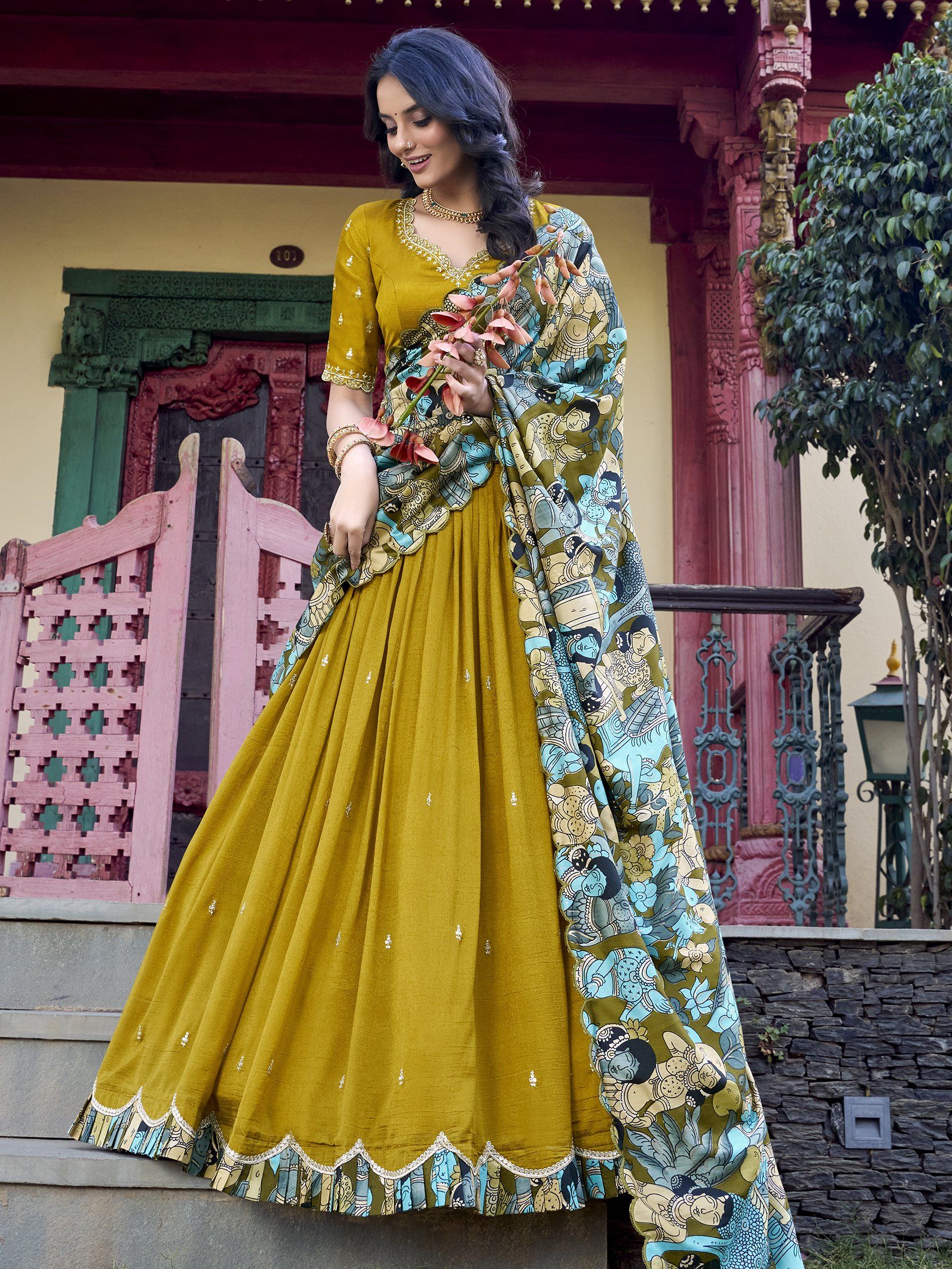 Mustard yellow vichitra silk embroidered lehenga choli
