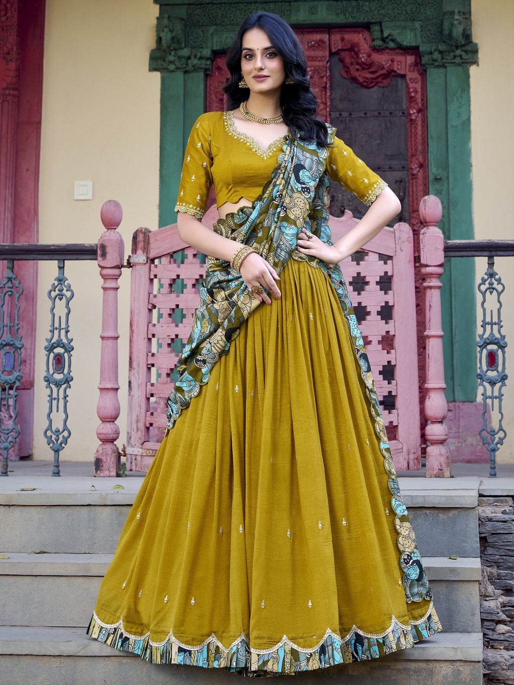 Mustard yellow vichitra silk embroidered lehenga choli