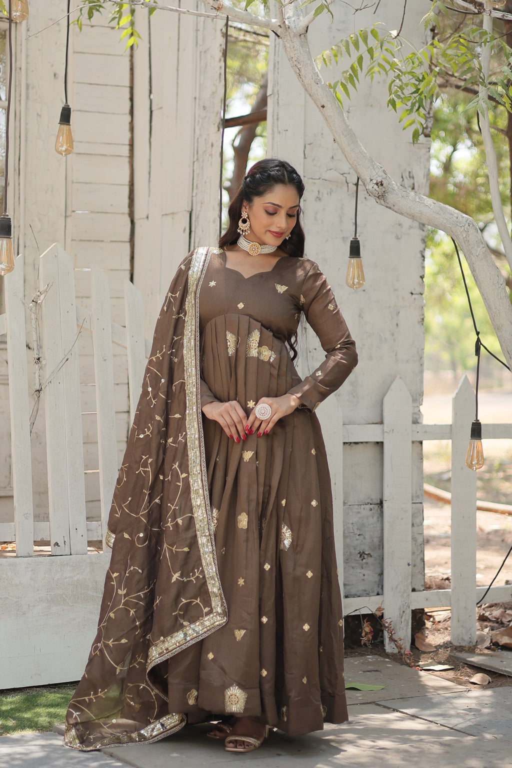 Naira beige embroidered Anarkali gown set
