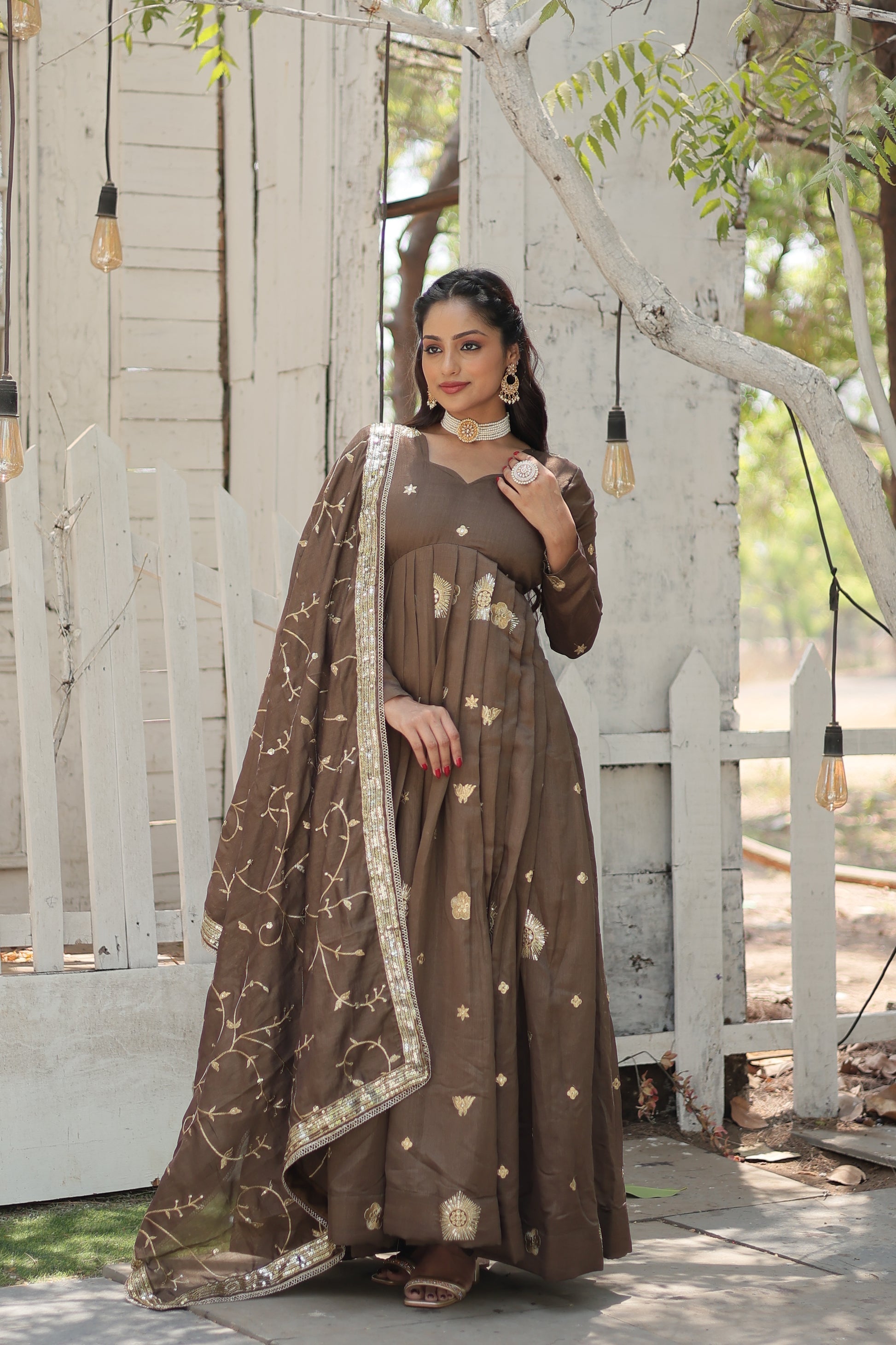 Naira beige embroidered Anarkali gown set