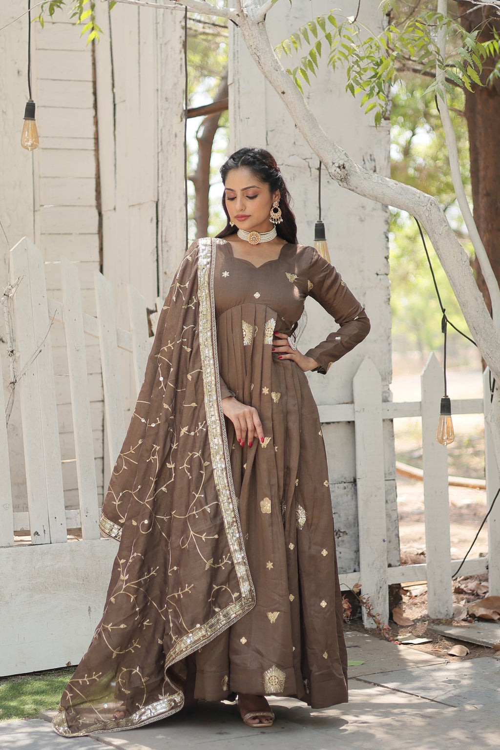 Naira beige embroidered Anarkali gown set