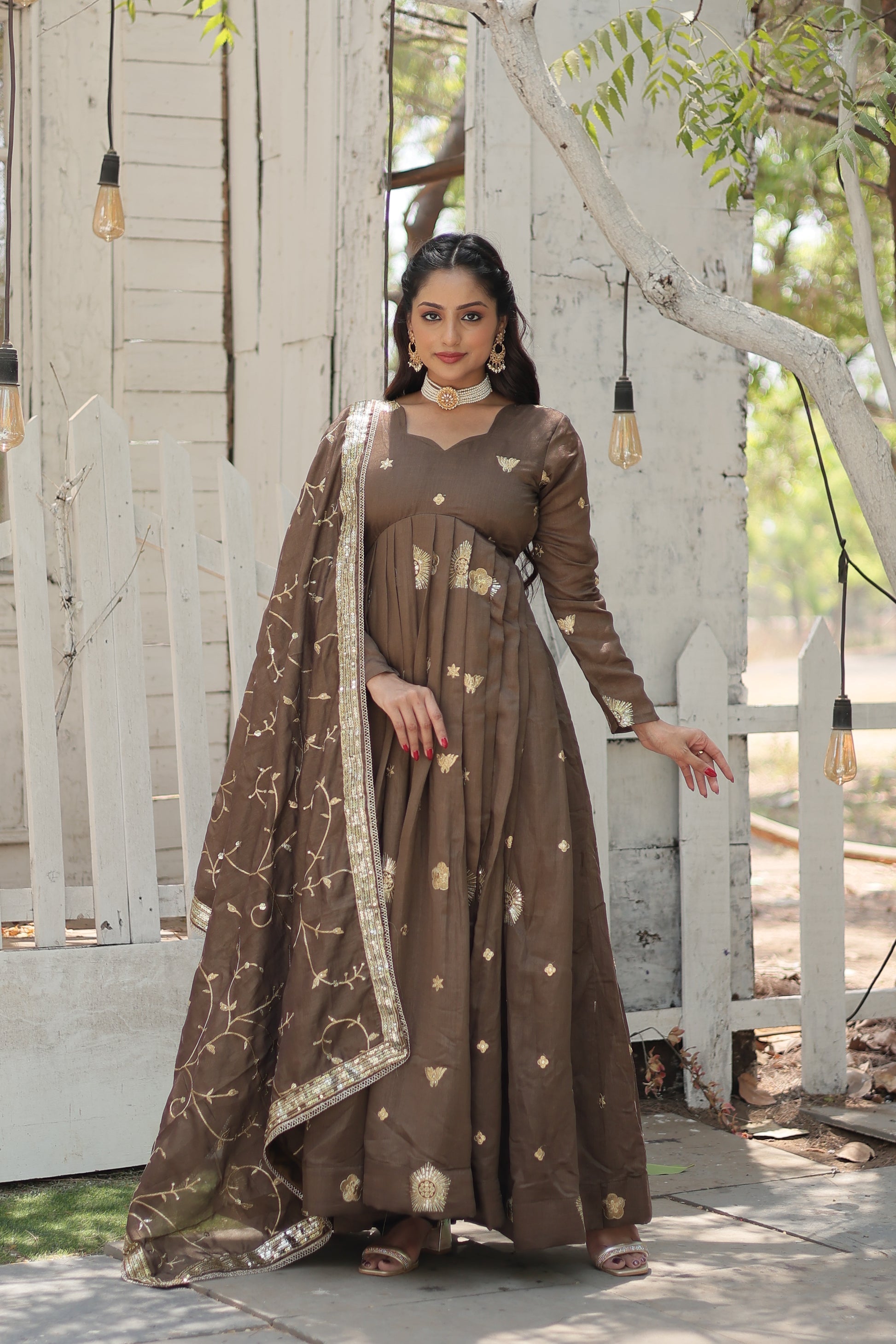 Naira beige embroidered Anarkali gown set