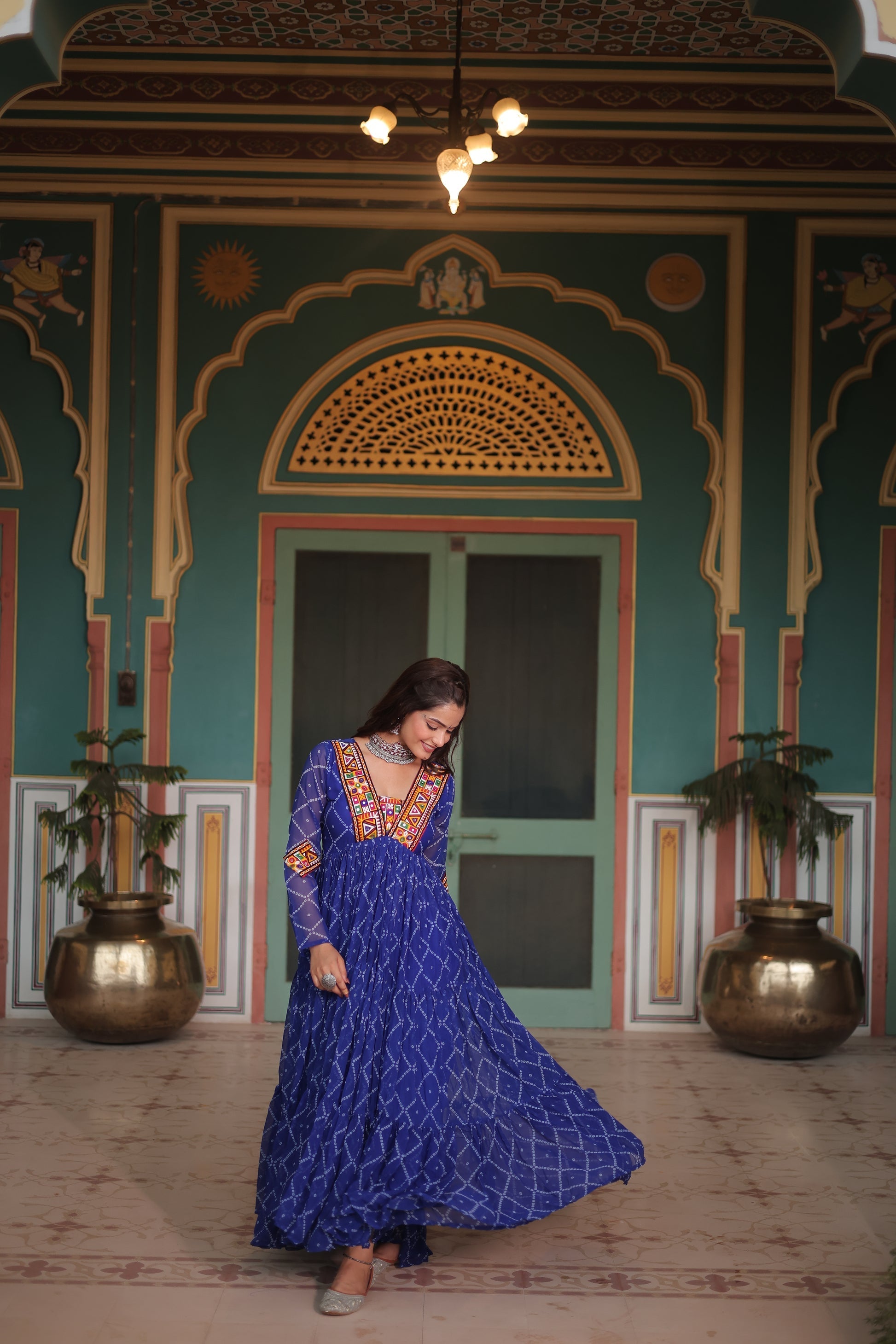 Blue bandhani georgette Naisha designer Anarkali gown