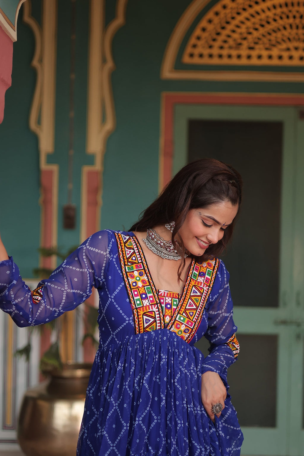 Blue bandhani georgette Naisha designer Anarkali gown