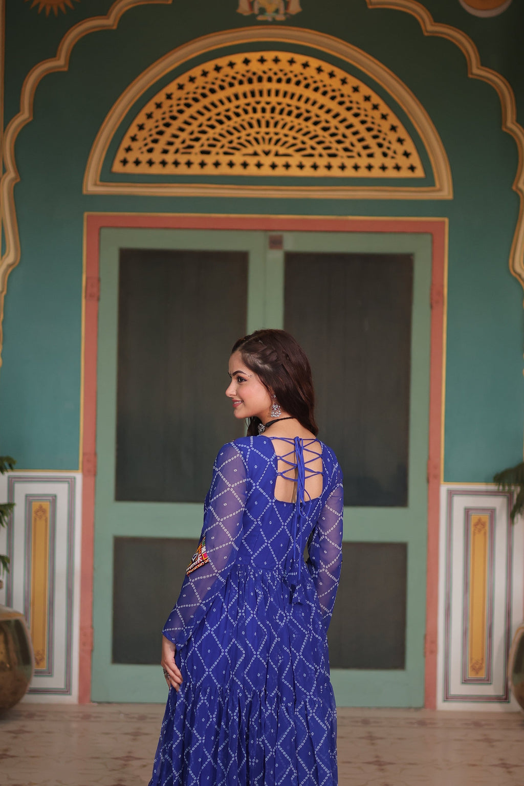 Blue bandhani georgette Naisha designer Anarkali gown
