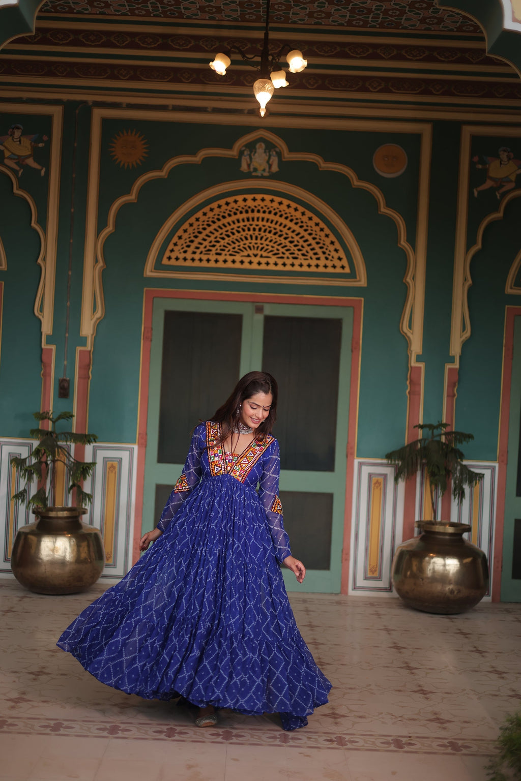 Blue bandhani georgette Naisha designer Anarkali gown