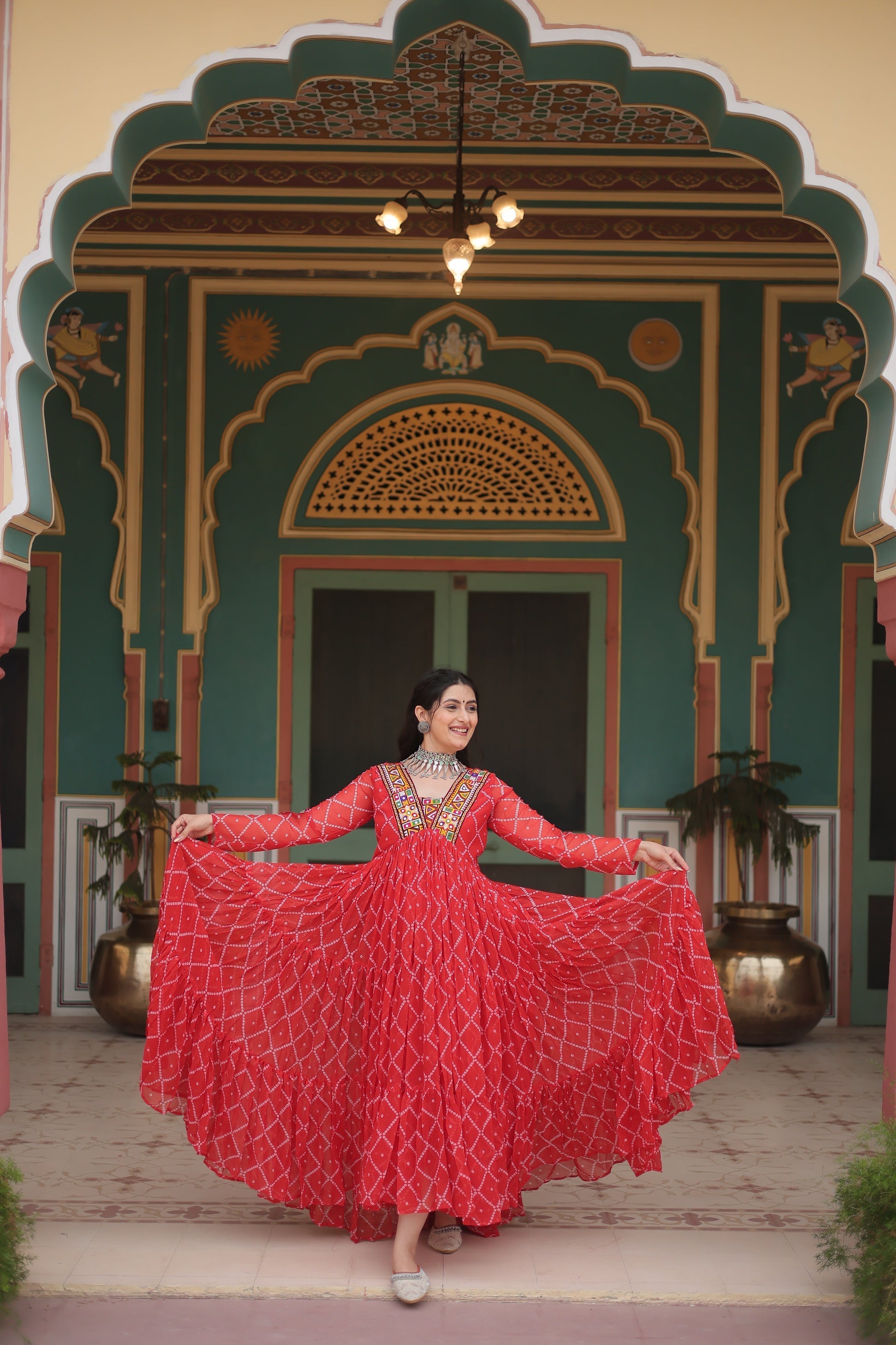 Orange bandhani georgette Naisha designer Anarkali gown