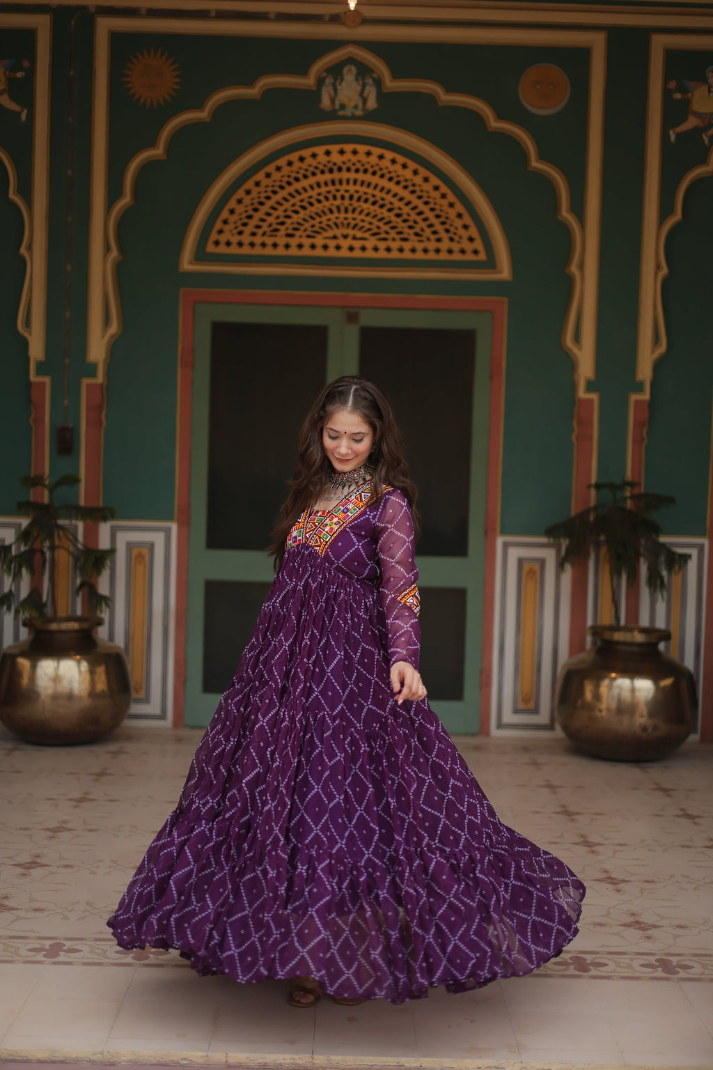 Purple bandhani georgette Naisha designer Anarkali gown