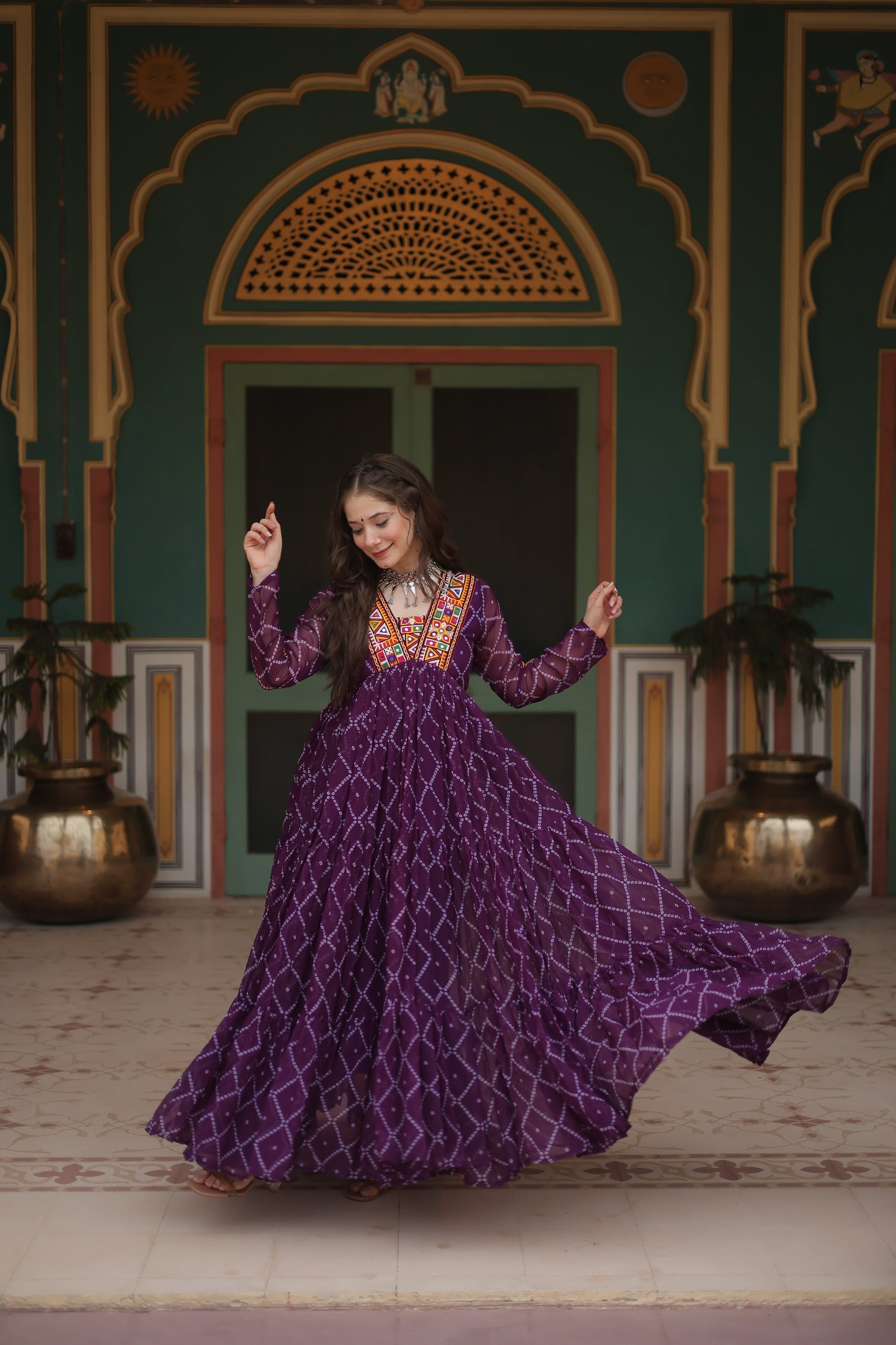 Purple bandhani georgette Naisha designer Anarkali gown