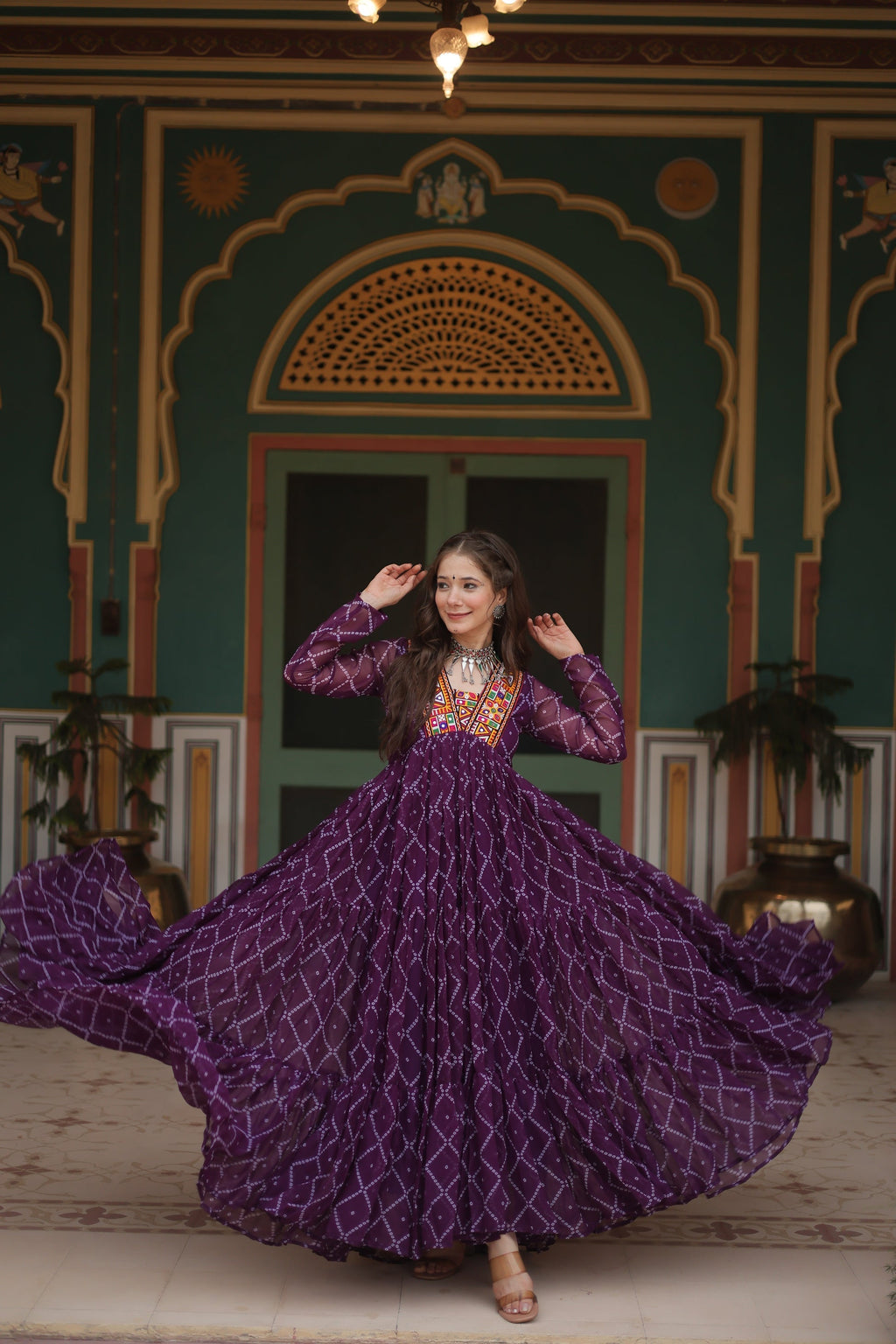 Purple bandhani georgette Naisha designer Anarkali gown