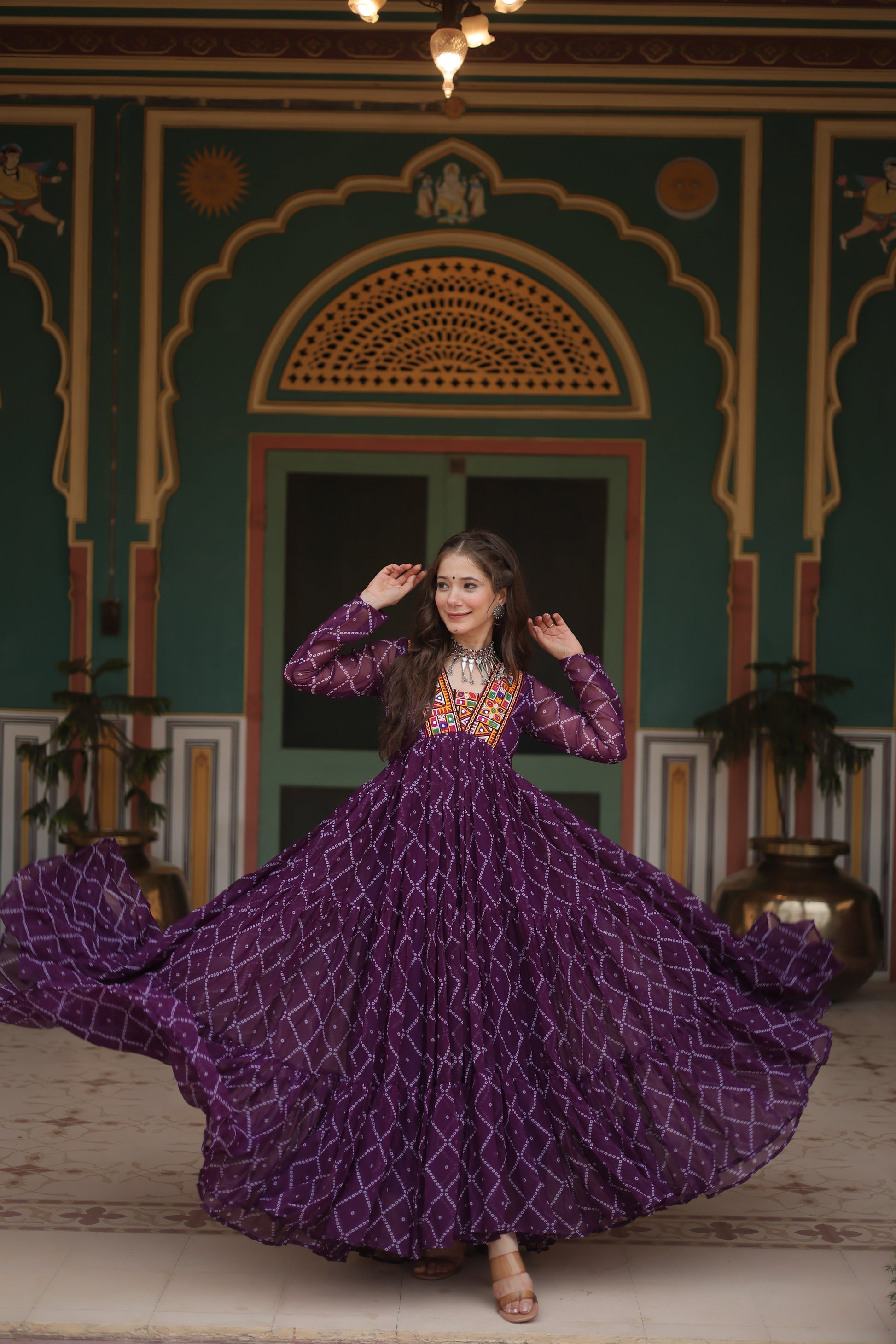 Purple bandhani georgette Naisha designer Anarkali gown