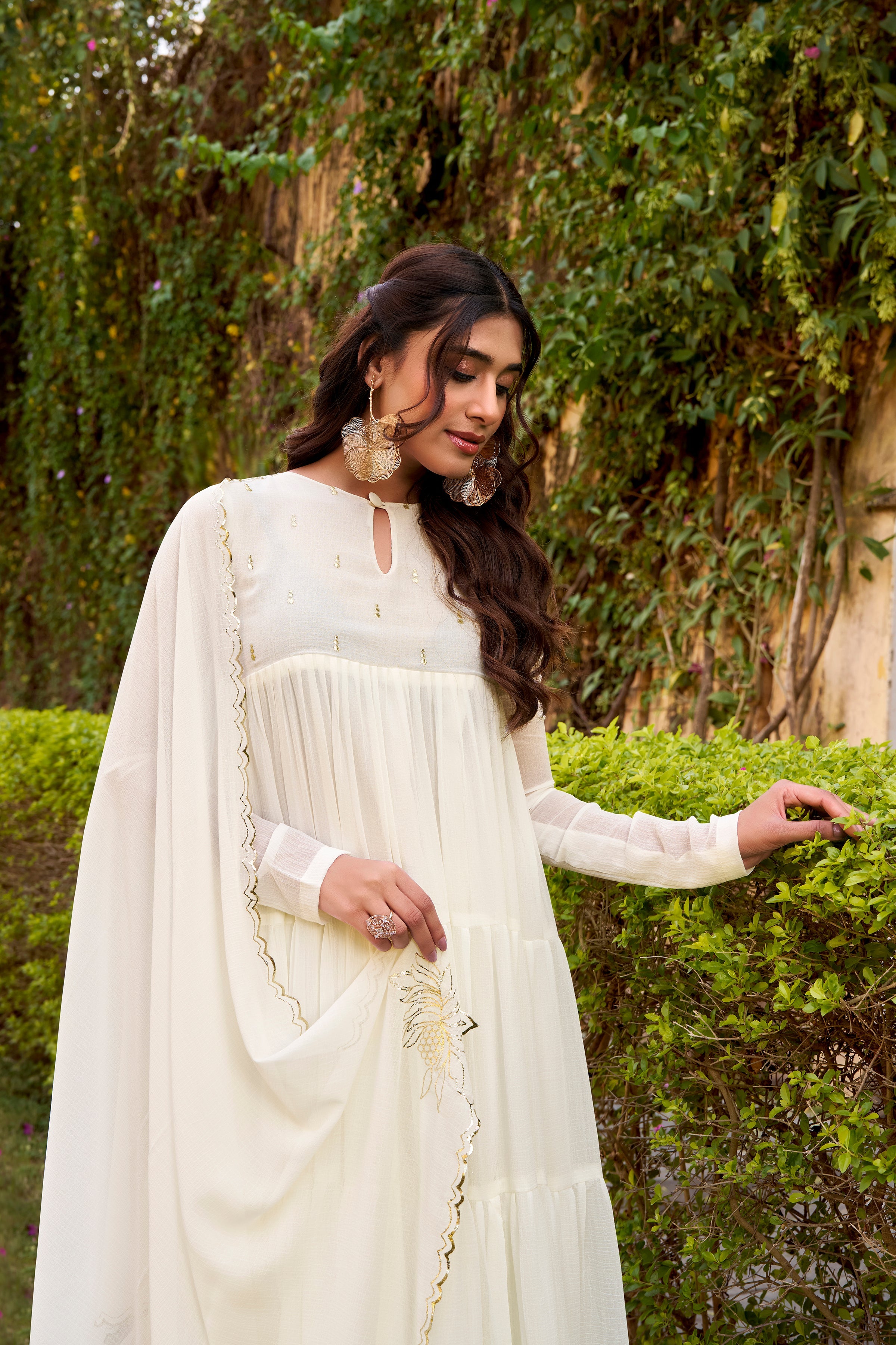 Nalini white marble foil work anarkali suit set with dupatta