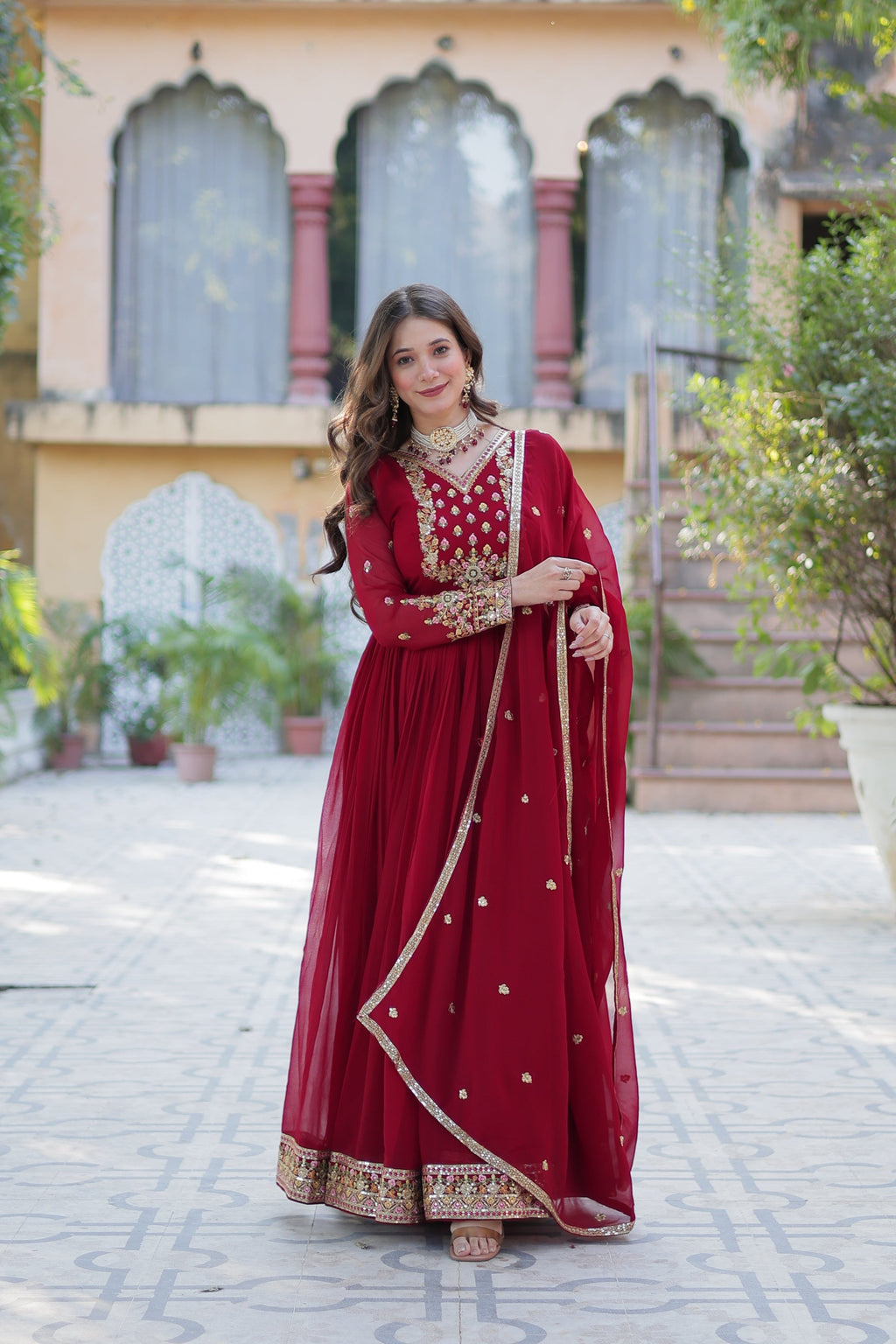Nandita maroon sequins embroidered anarkali gown set