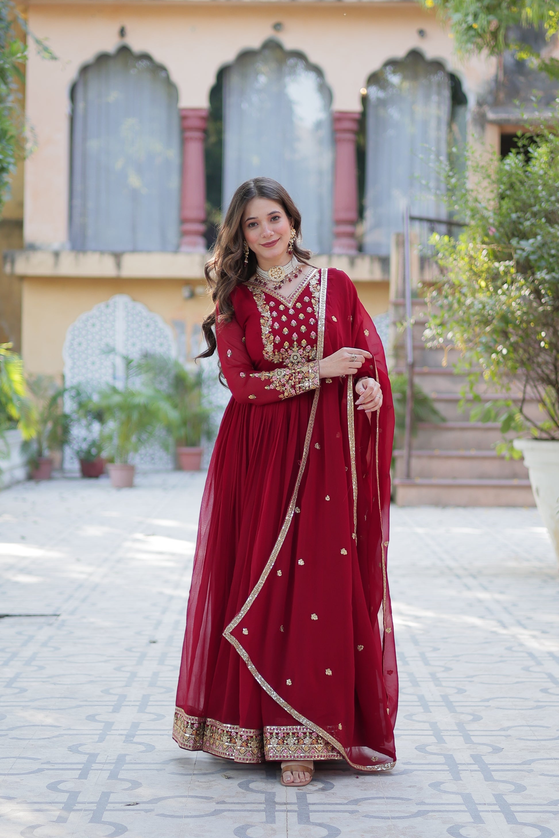 Nandita maroon sequins embroidered anarkali gown set