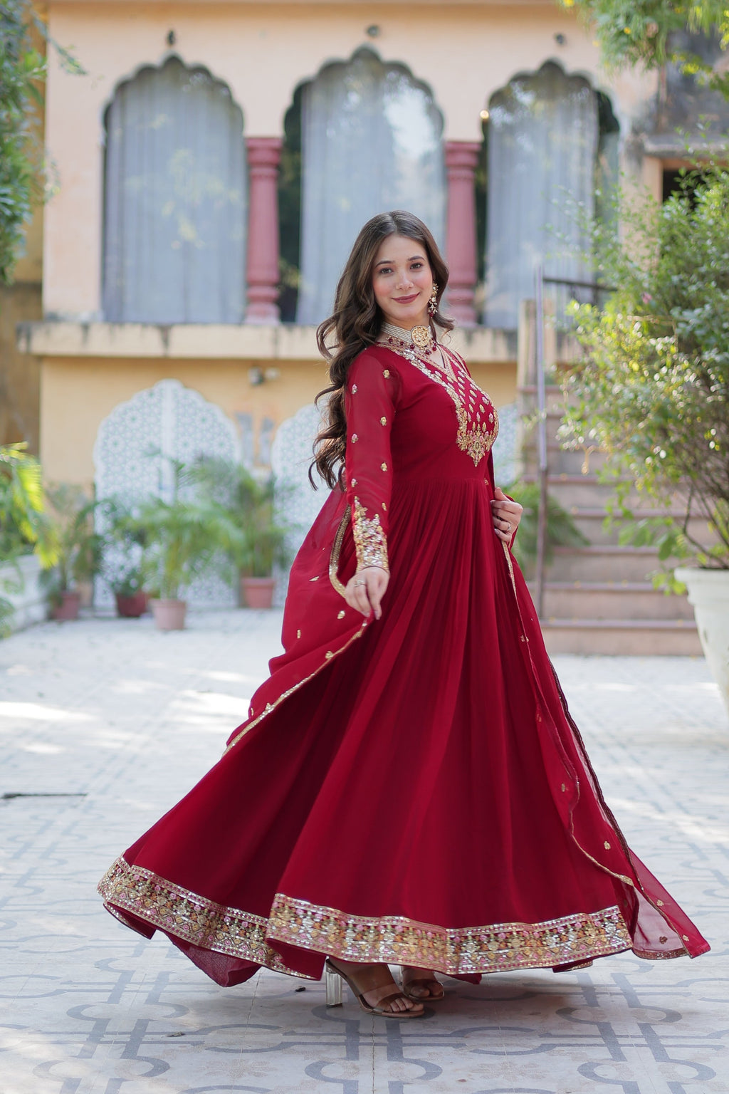 Nandita maroon sequins embroidered anarkali gown set