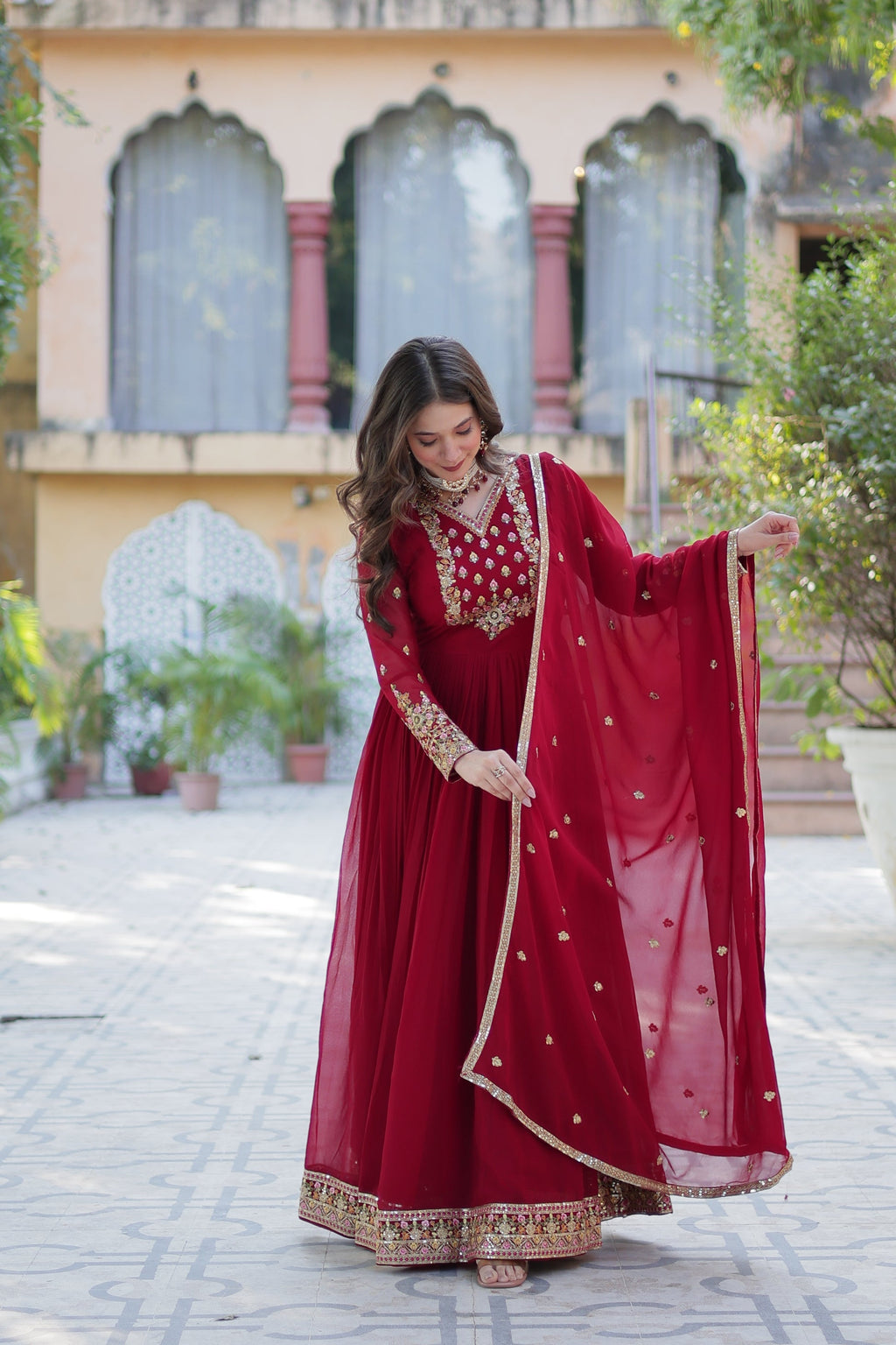 Nandita maroon sequins embroidered anarkali gown set