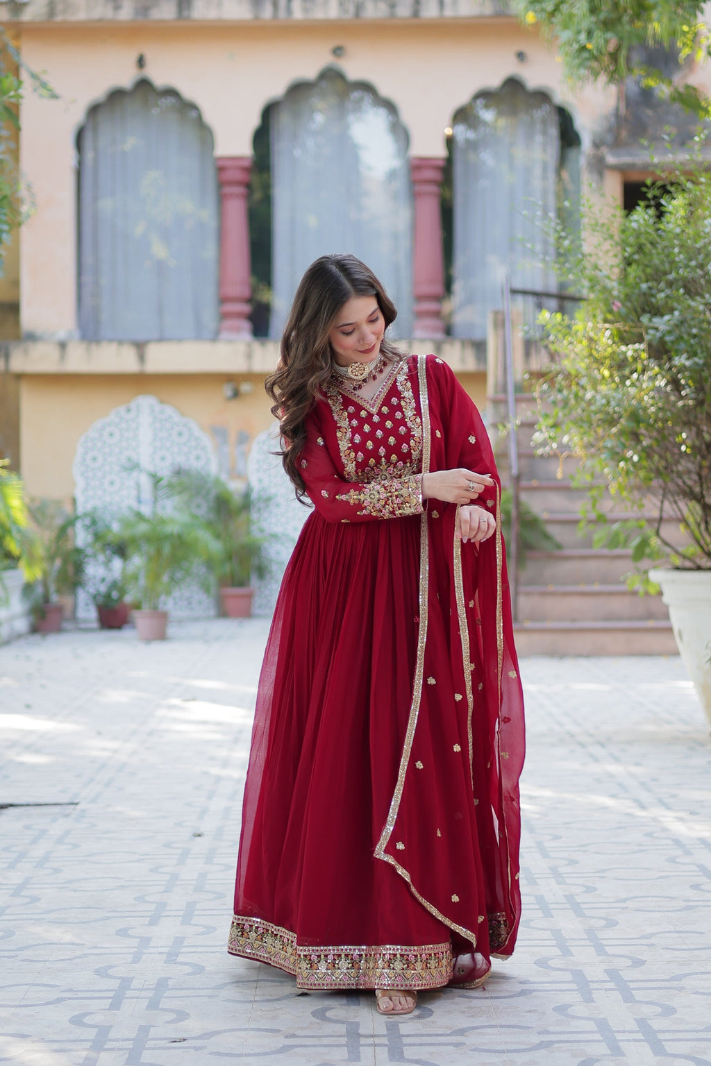 Nandita maroon sequins embroidered anarkali gown set