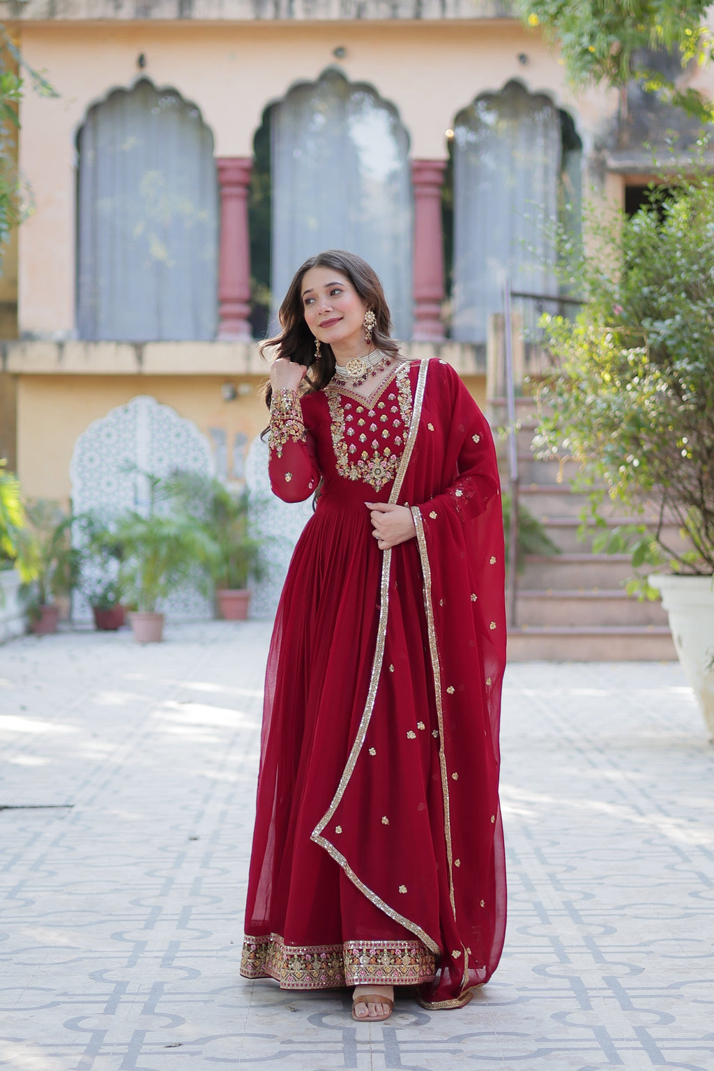Nandita maroon sequins embroidered anarkali gown set