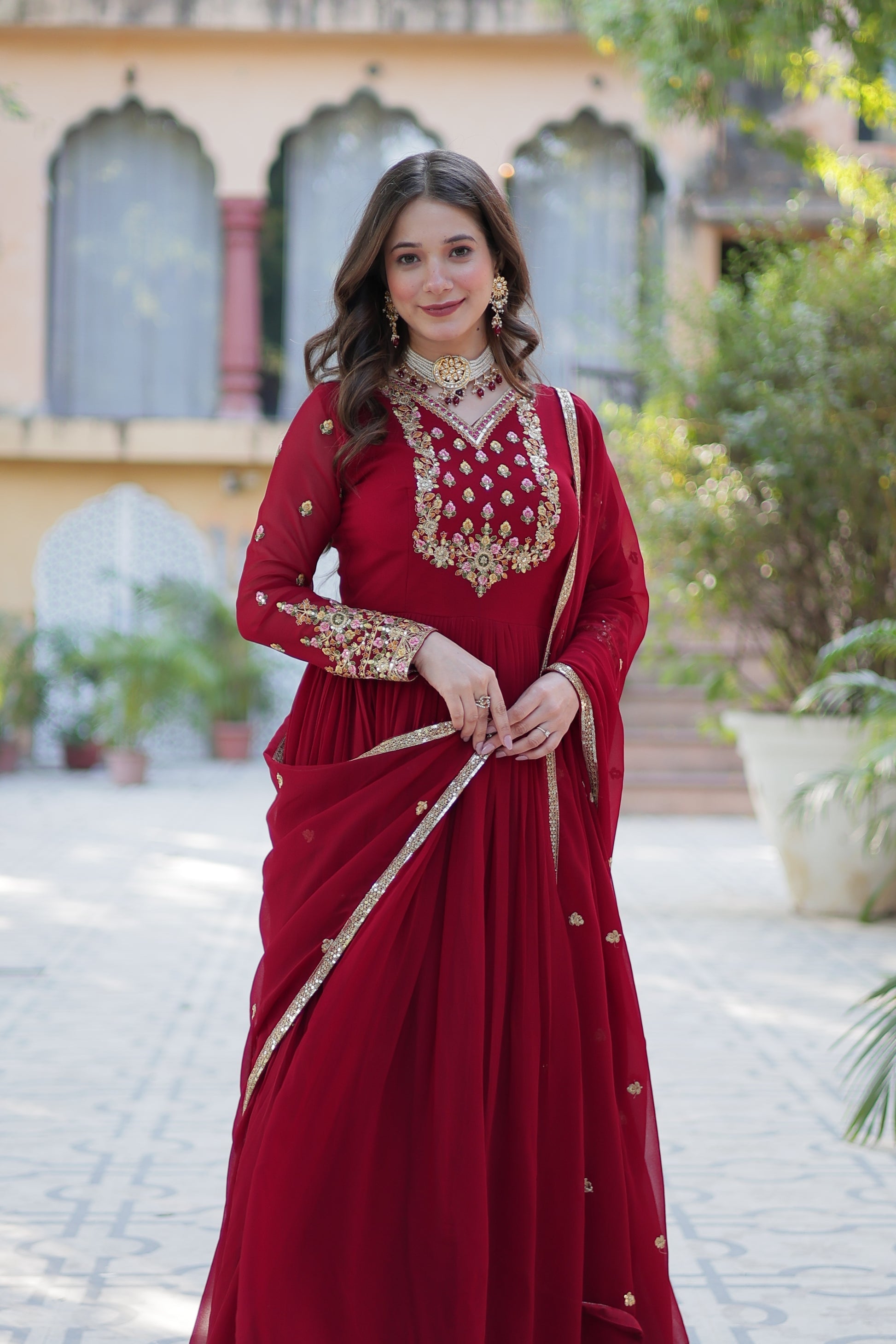 Nandita maroon sequins embroidered anarkali gown set