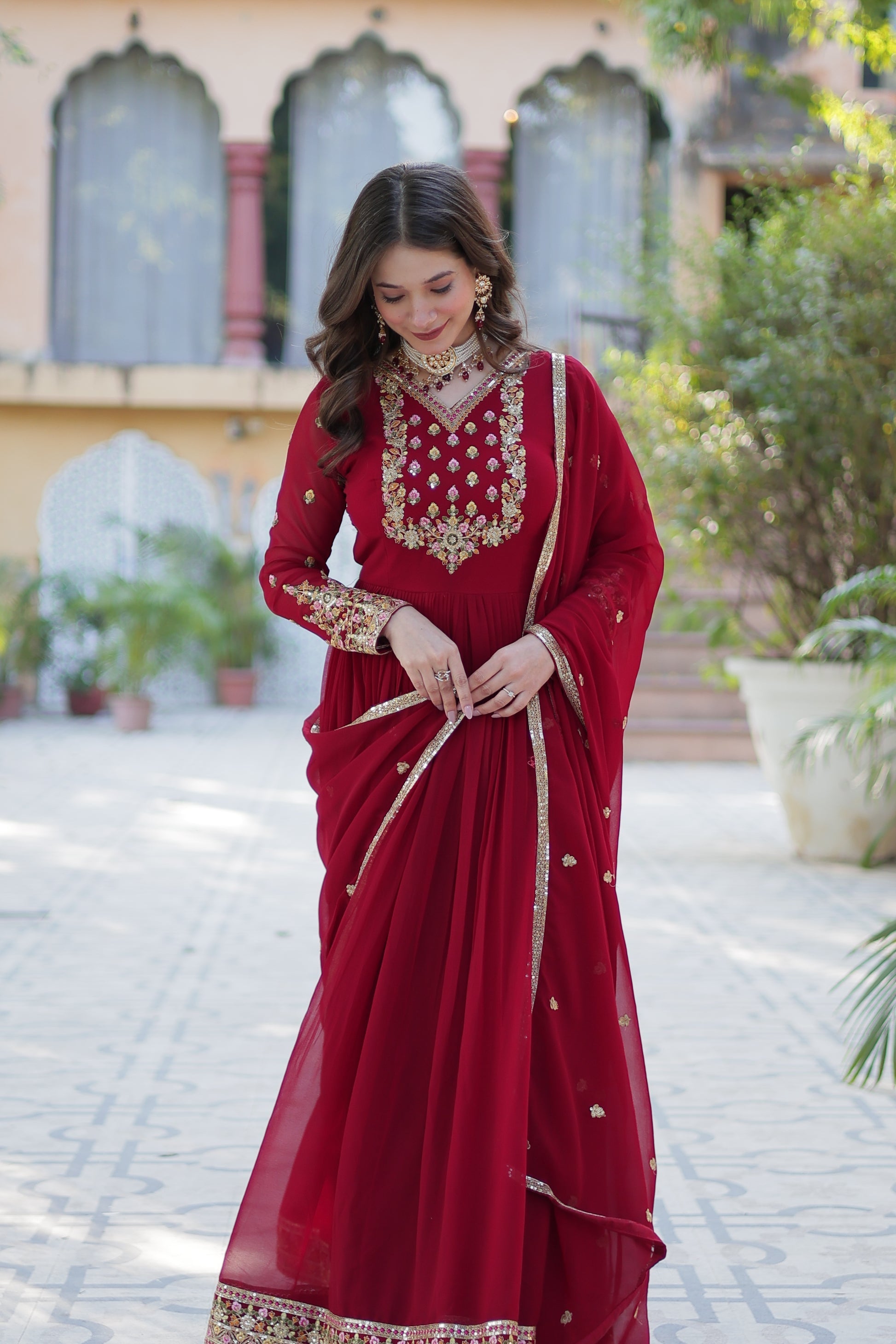 Nandita maroon sequins embroidered anarkali gown set