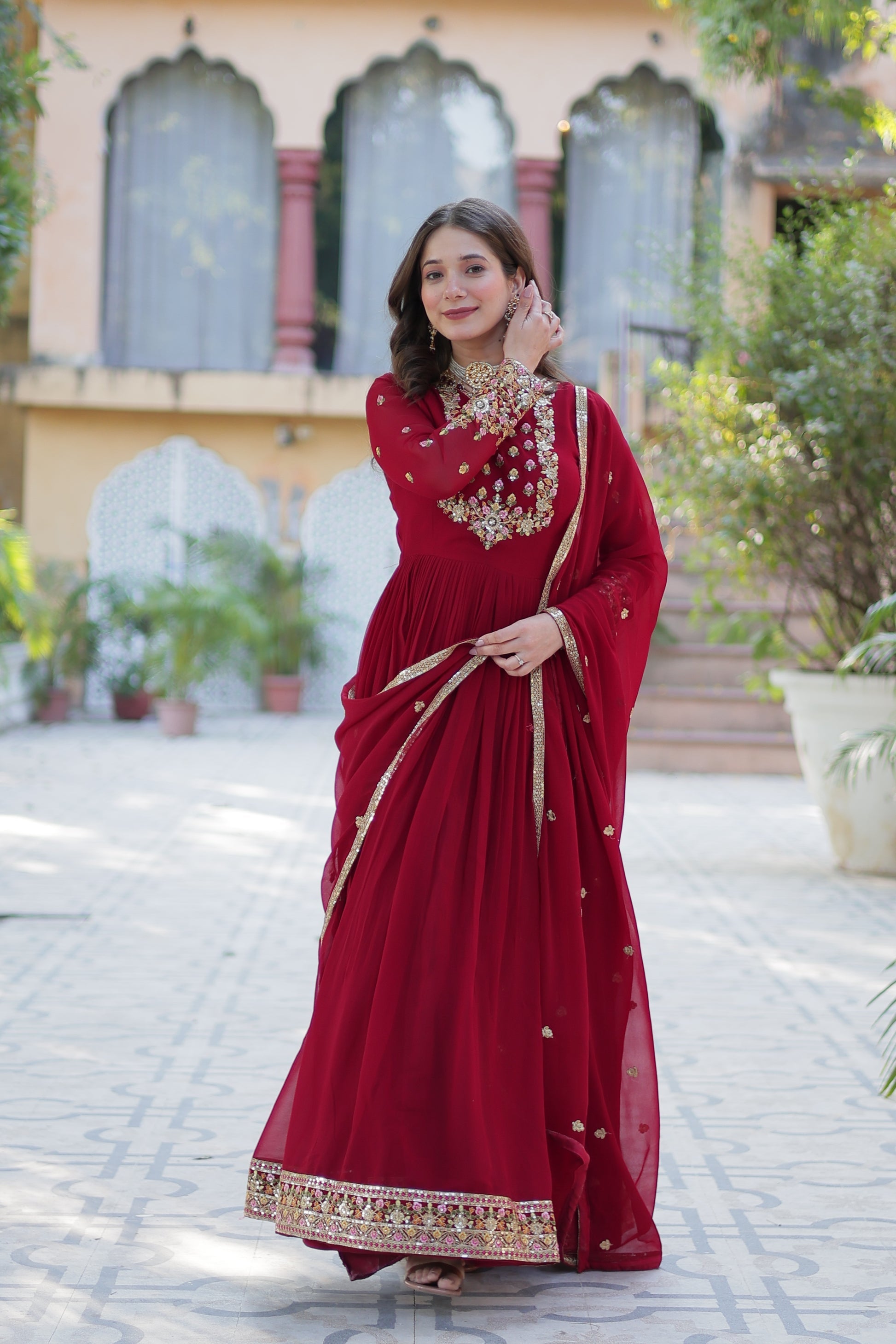 Nandita maroon sequins embroidered anarkali gown set