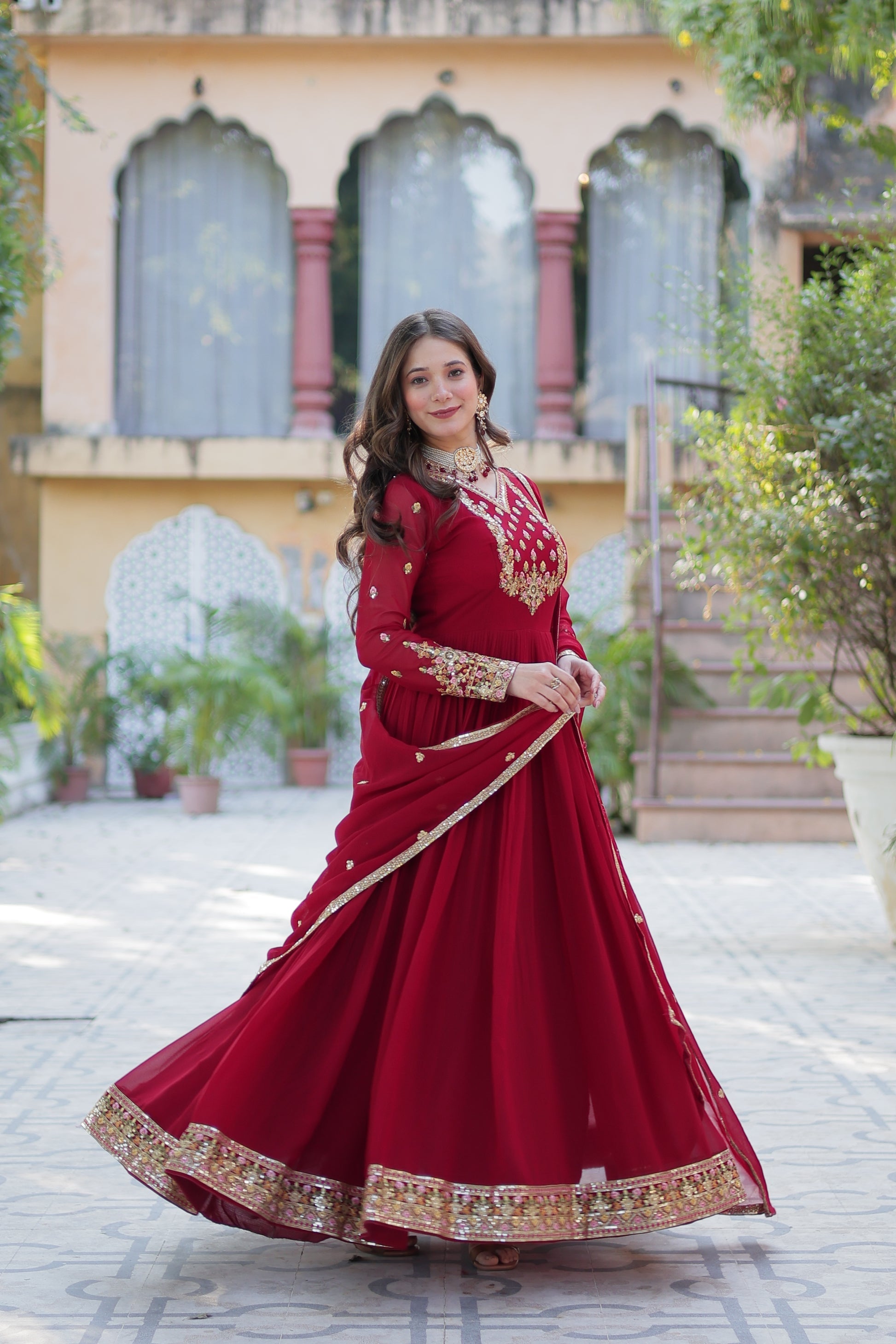Nandita maroon sequins embroidered anarkali gown set