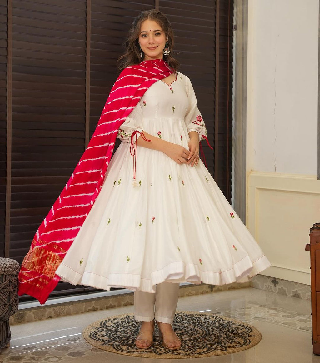 Navika white red embroidered georgette Anarkali suit set