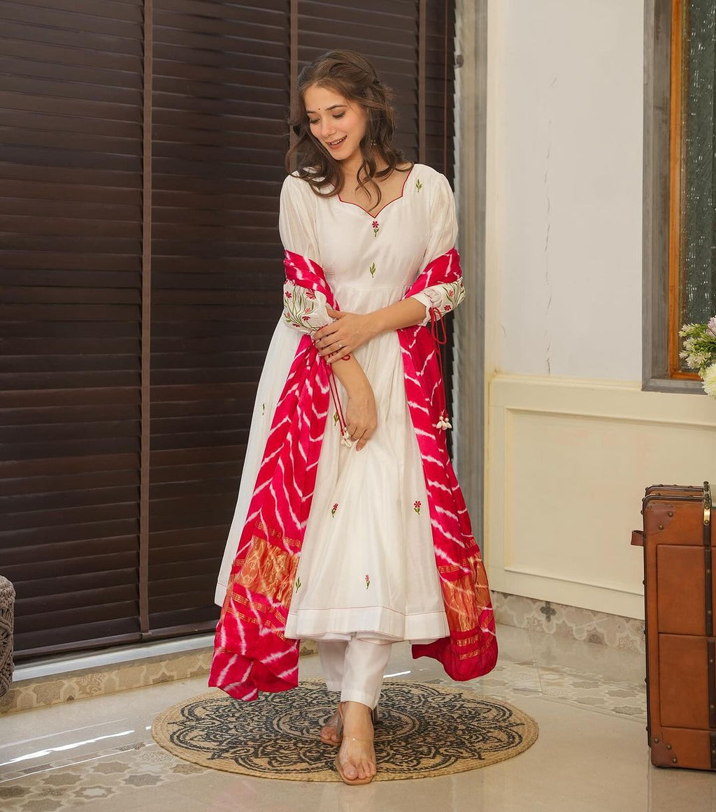 Navika white red embroidered georgette Anarkali suit set