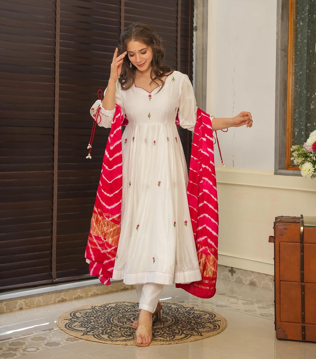 Navika white red embroidered georgette Anarkali suit set