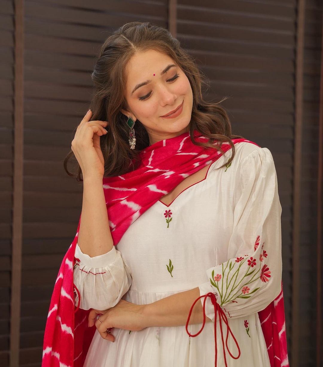 Navika white red embroidered georgette Anarkali suit set