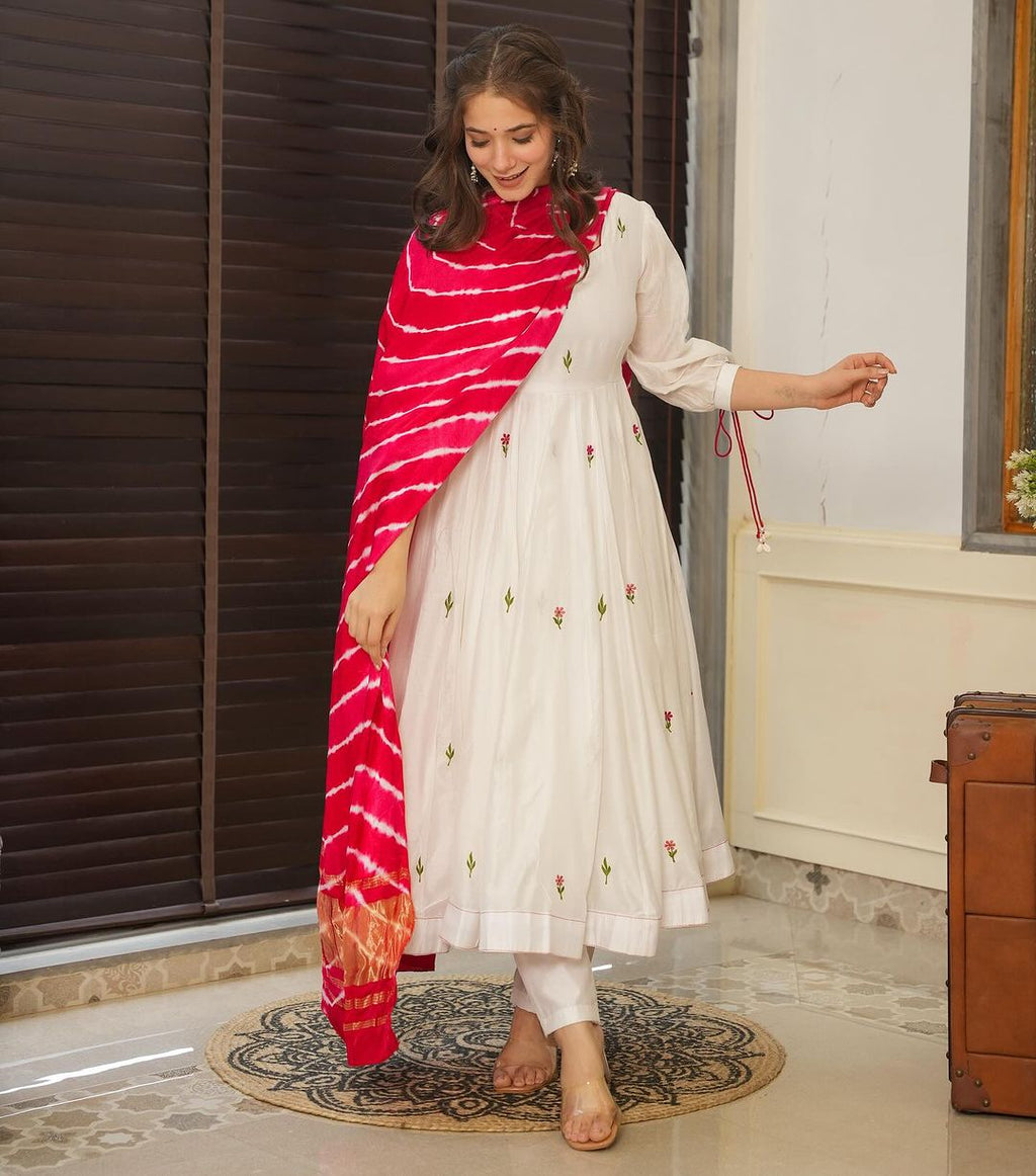 Navika white red embroidered georgette Anarkali suit set
